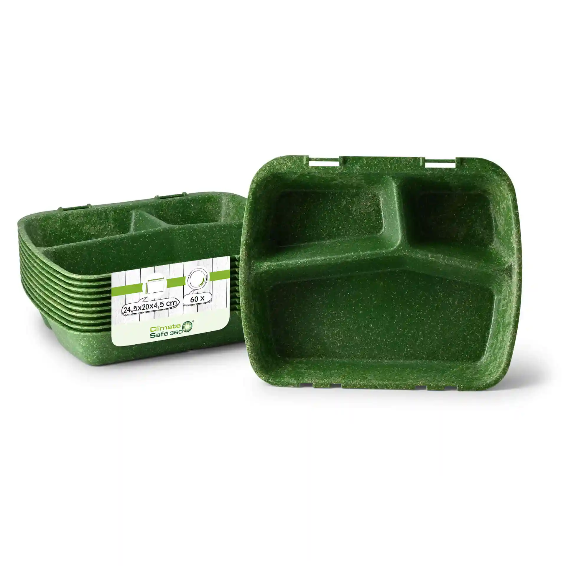 Stos reusable zielonych pojemników na posiłki z trzema przegródkami, każdy o wymiarach 24,5 x 20 x 4,5 cm.