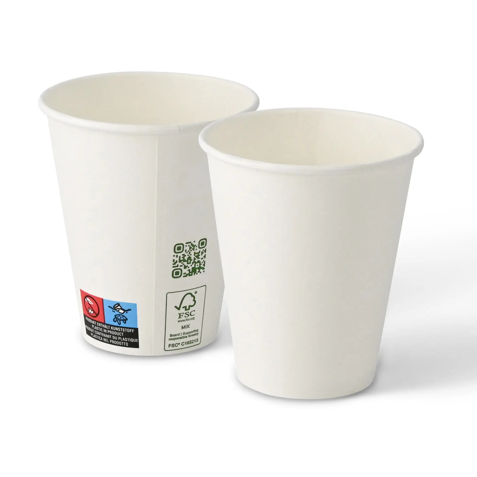Białe kubki, pojemność 250 ml, jednolita ścianka, z widocznymi etykietami i oznaczeniami z boku.