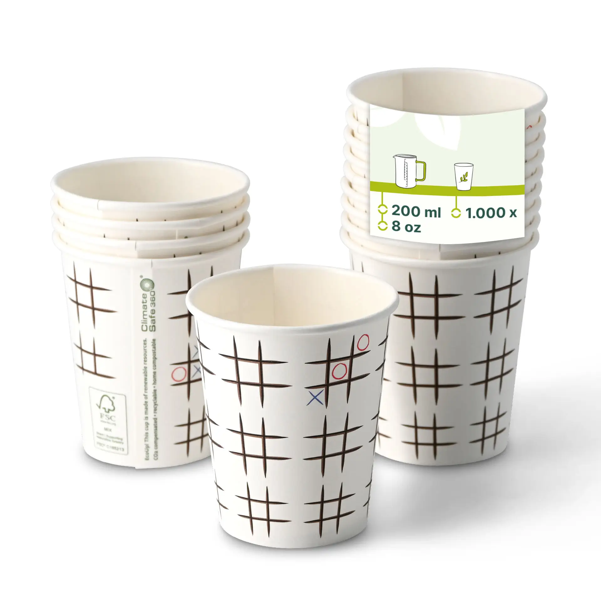 Pappbecher bedruckt "Tic Tac Toe" 200 ml / 8 oz, Ø 80 mm, weiß