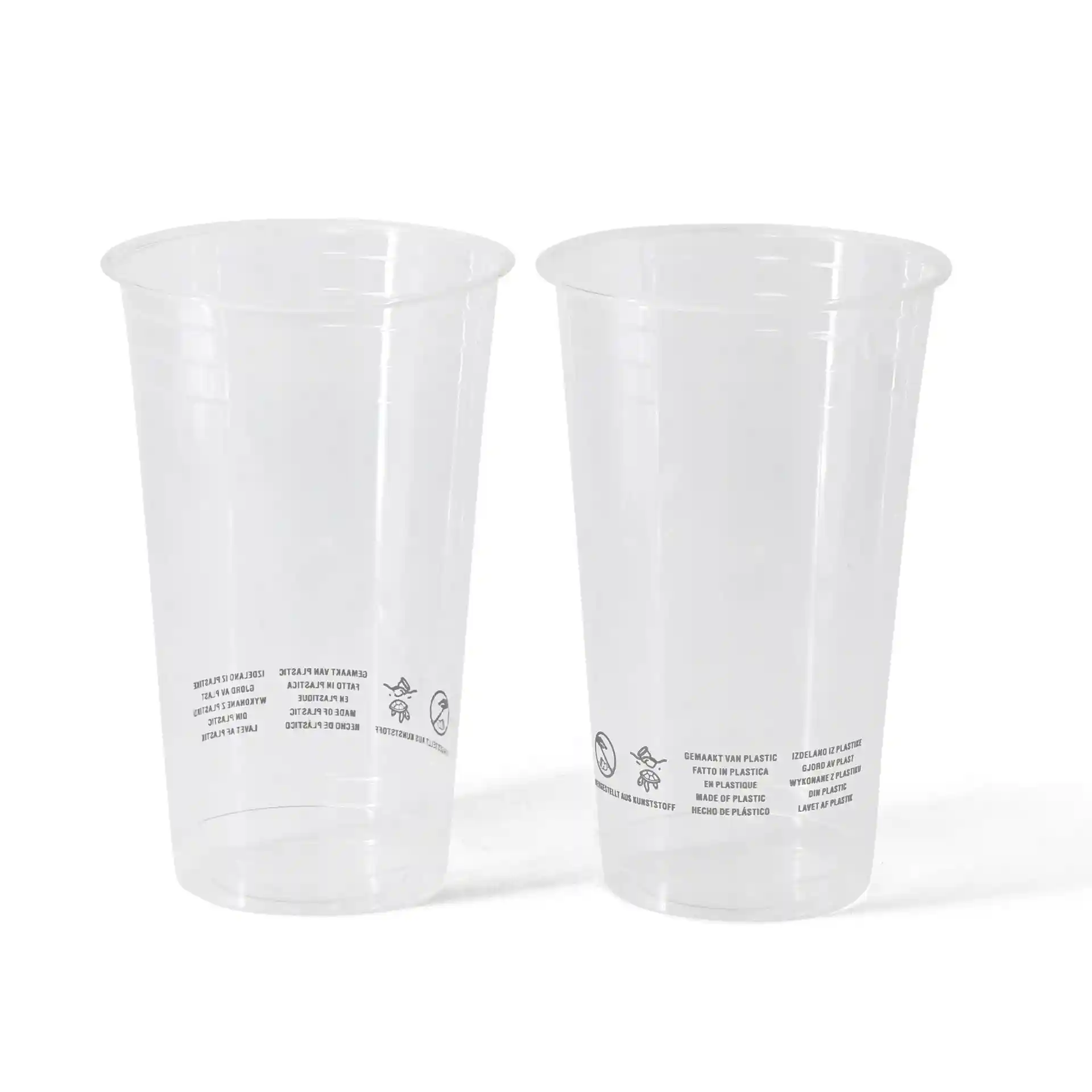 Przezroczyste kubki PLA, pojemność 500 ml, z widocznymi oznaczeniami z boku, pokazane dwa kubki.