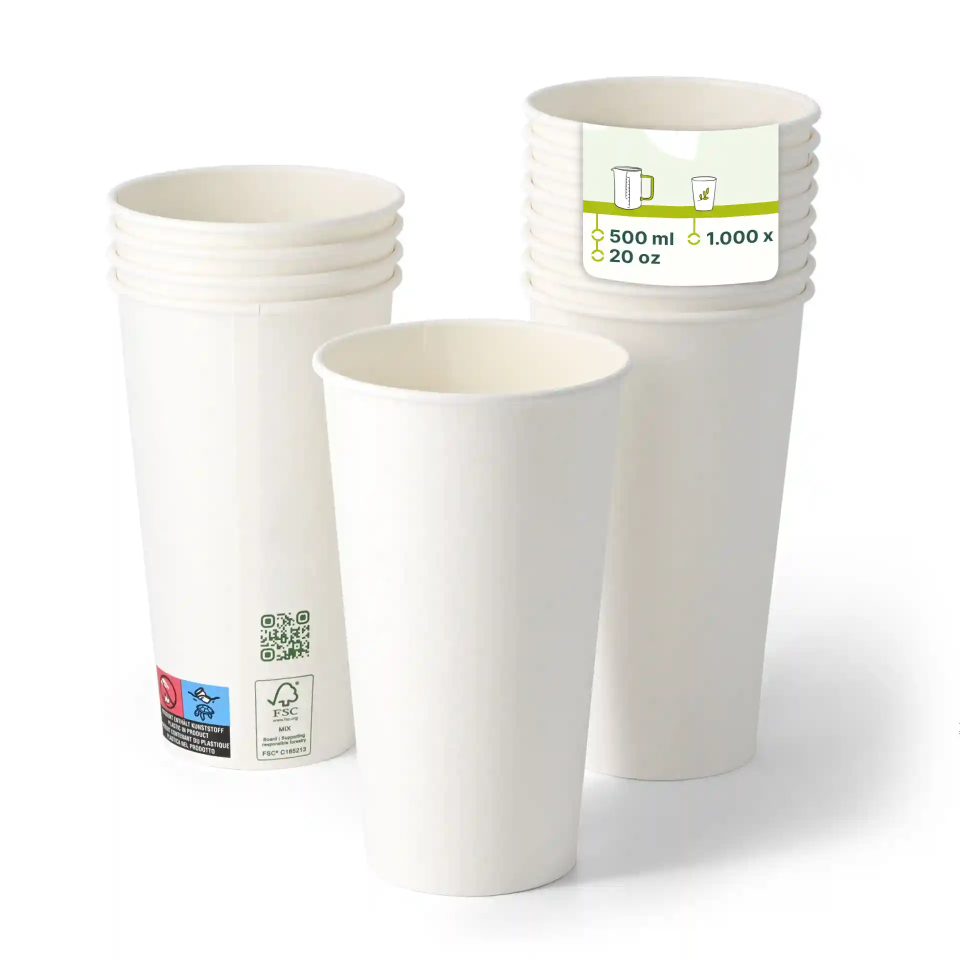 Białe kubki papierowe ułożone w stos, jednolita ścianka, pojemność 500 ml, średnica 90 mm, wysokość 150 mm.