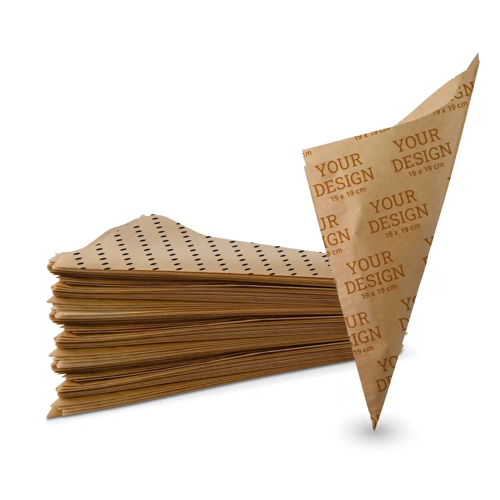 Stos wydrukowanych papierowych stożków na frytki, brązowy, o wymiarach 19 x 19 cm, z częściowo rozwiniętym stożkiem.