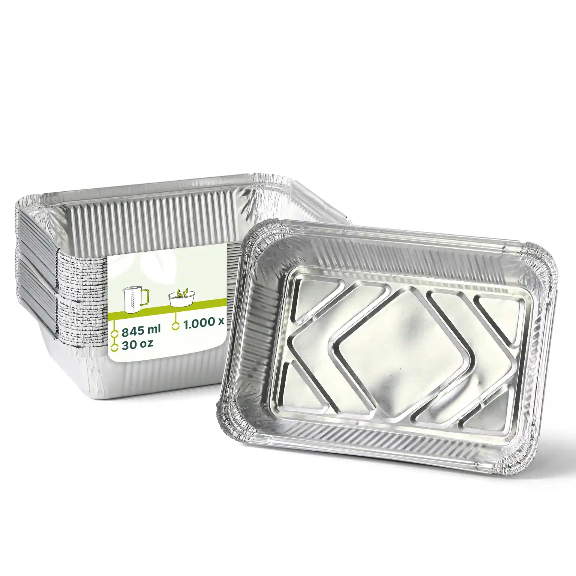 Prostokątne pojemniki aluminiowe ułożone w stos, wymiary 21,4 x 14,9 x 4,3 cm, z objętością napełnienia 845 ml.
