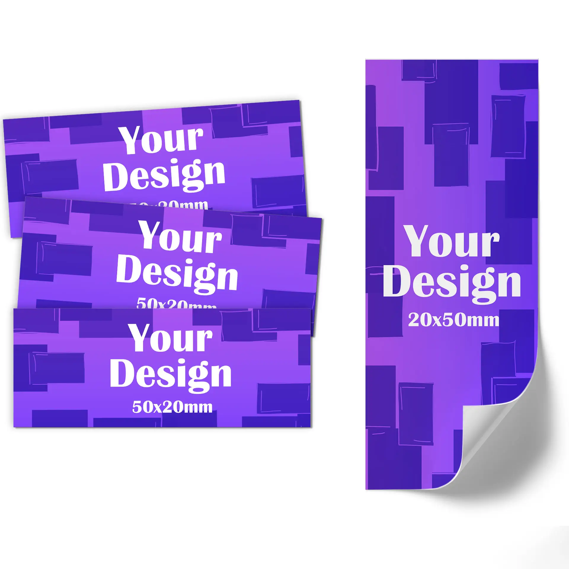 Fioletowa etykieta z okrągłą ikoną i wymiarami 50x20 mm; róg lekko podwinięty.