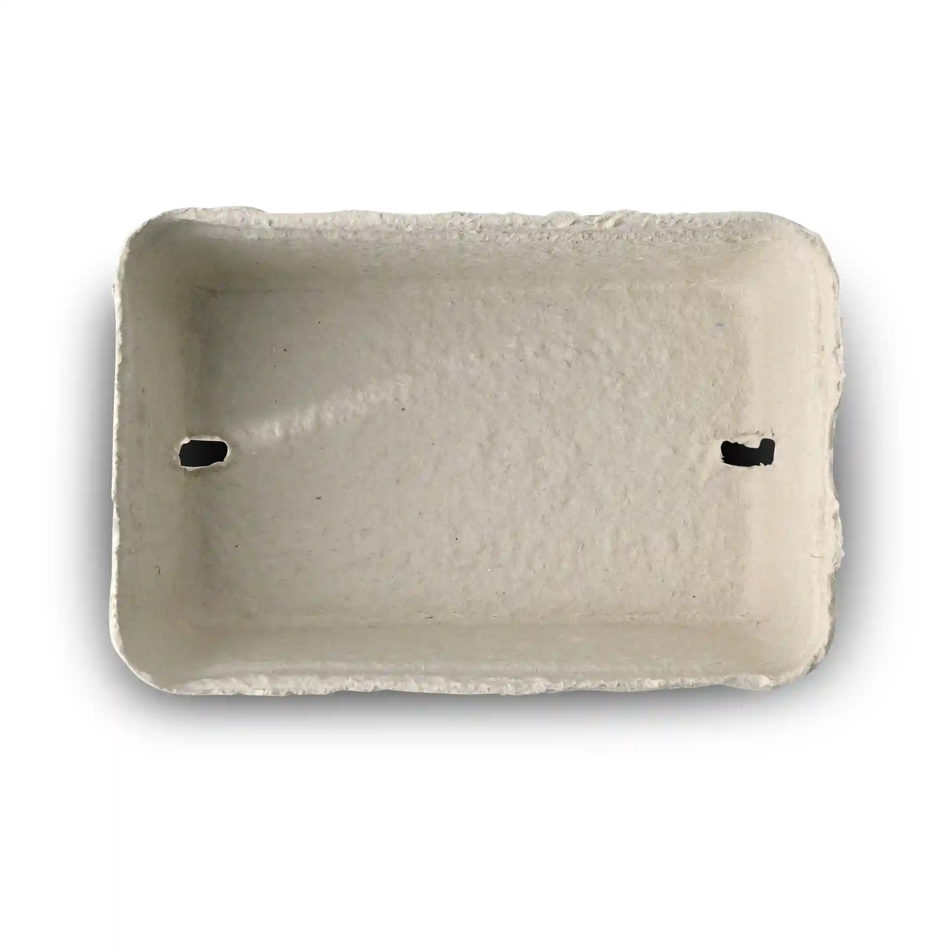 Biały pojemnik na jagody z pulpy drzewnej, prostokątny kształt z dwoma otworami, wymiary 135mm x 90mm x 50mm.