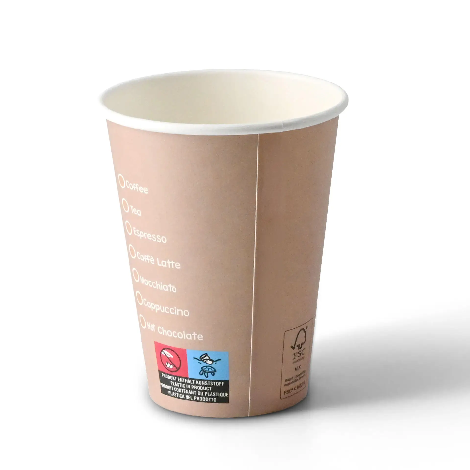Okrągły papierowy kubek 12 oz z nadrukowanymi opcjami napojów, biały środek i pokryta zewnętrzna strona.