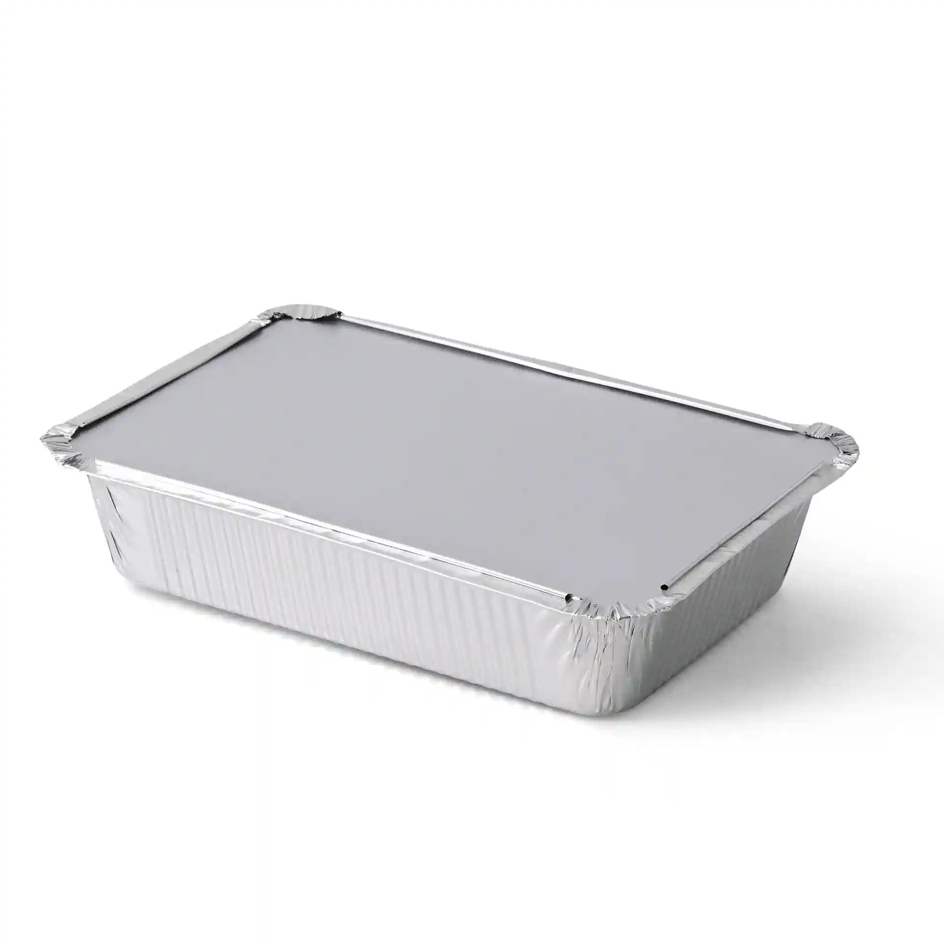 Prostokątny pojemnik aluminiowy z płaską pokrywką, 21,4 x 14,9 x 4,3 cm, pojemność 928 ml.