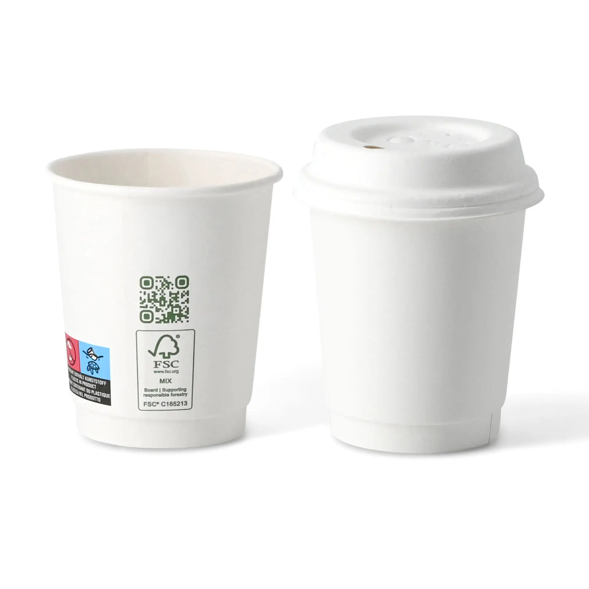 Biały podwójnościenny kubek z pokrywką, pojemność 200 ml, wysokość 90 mm i średnica 80 mm.