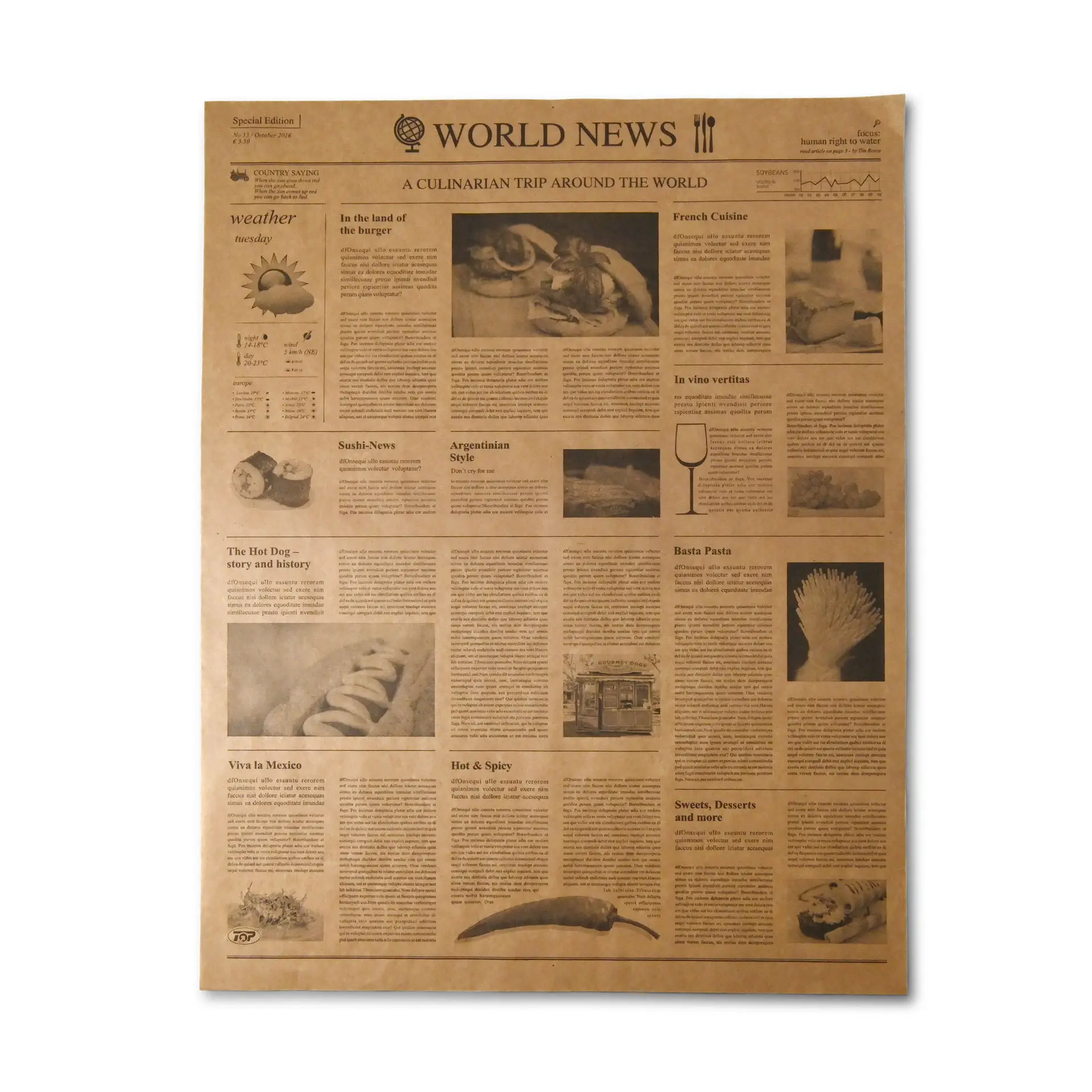 Papier do pakowania z wzorem gazety; odporny na tłuszcz i bezpieczny dla żywności zamiennik.