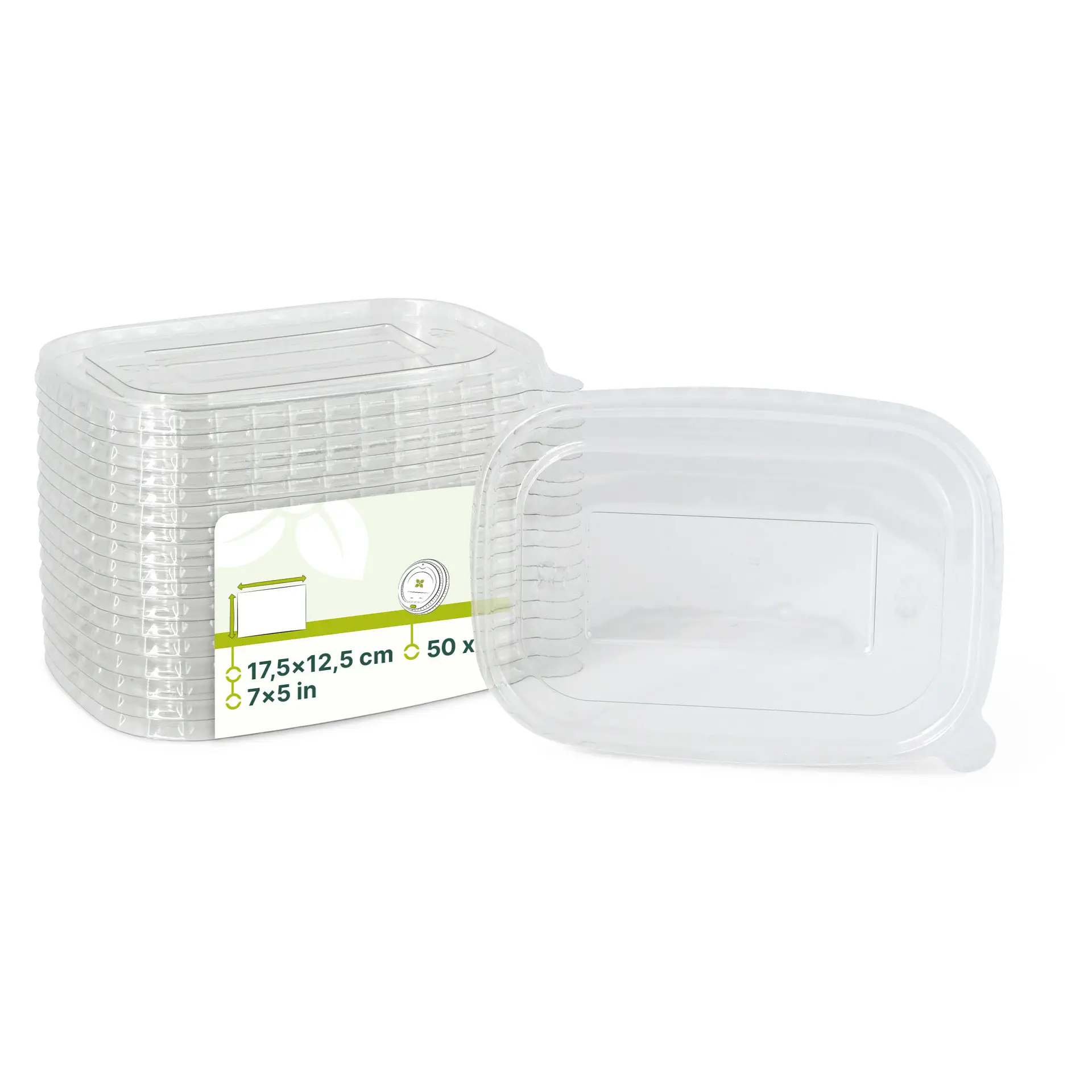 Przezroczyste pokrywki rPET do pojemników kartonowych na żywność o pojemności 500 ml, 750 ml i 1000 ml; odpowiednie do dań na ciepło i zimno.