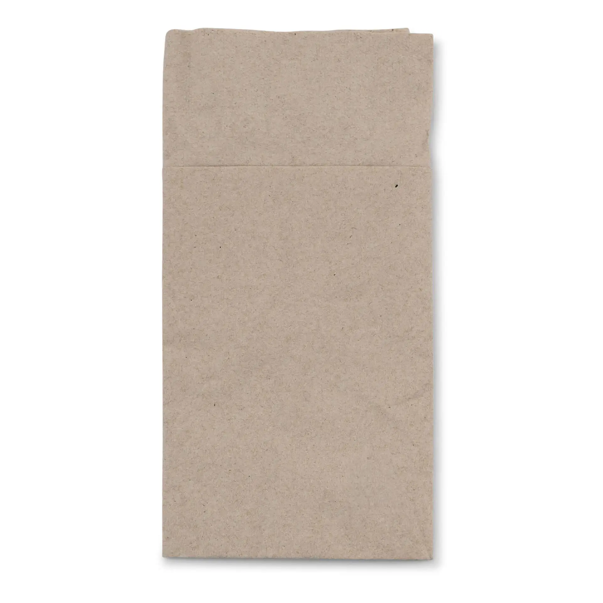 Prostokątna torba na sztućce z niebielonego papieru, 10 x 19,5 cm, z nadrukowanym symbolem recyklingu.