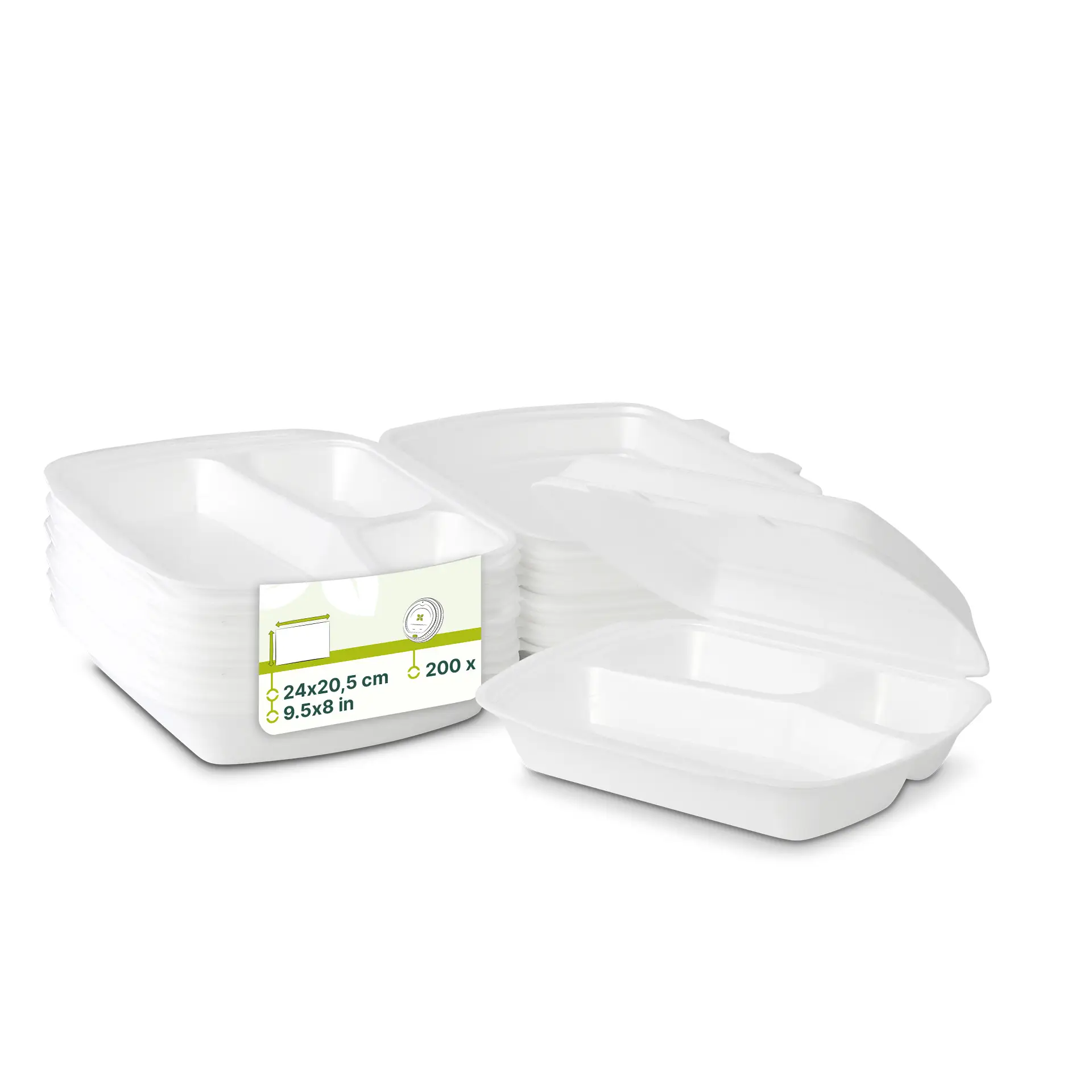 Białe plastikowe pojemniki na żywność z pokrywkami, o wymiarach 24x20,5 cm, ułożone w stos z kilkoma widocznymi pojemnikami.