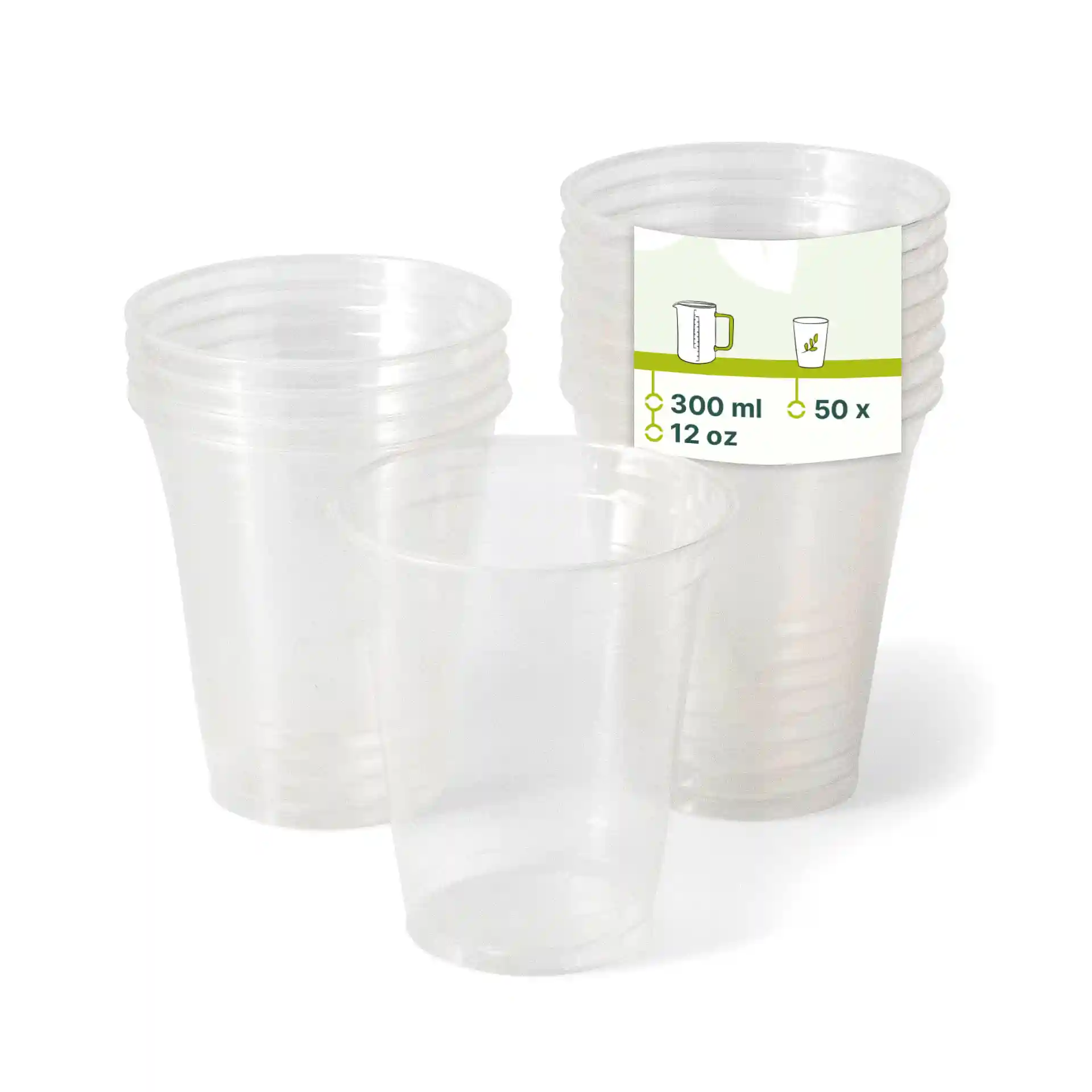 Przezroczyste plastikowe kubki ułożone w stos, z jednym kubkiem z przodu i etykietą 300 ml i 50 sztuk.