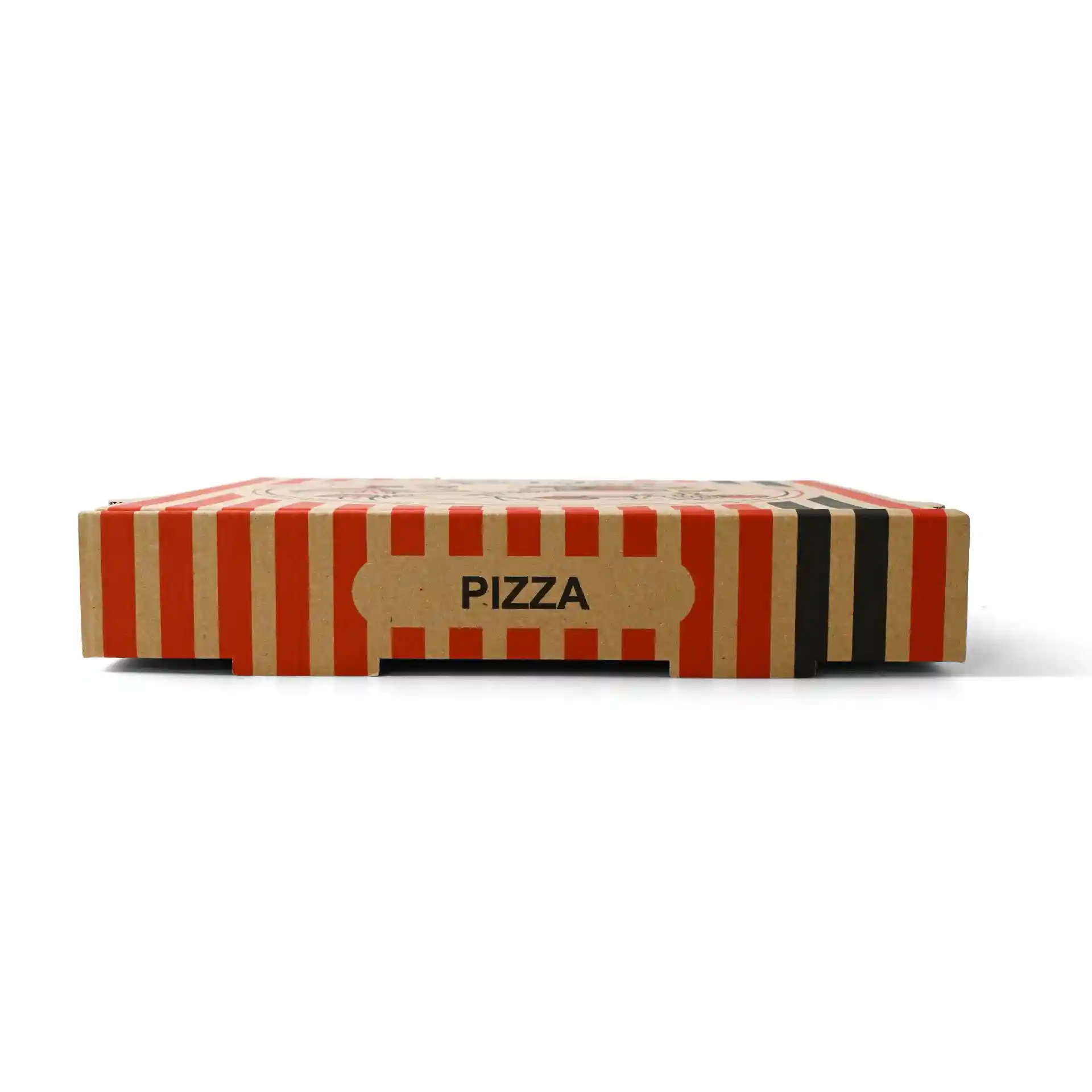 Kartonik na pizzę z brązowym dnem i czerwonym paskowanym wzorem, oznaczony "PIZZA", wymiary 28 x 28 x 4 cm.