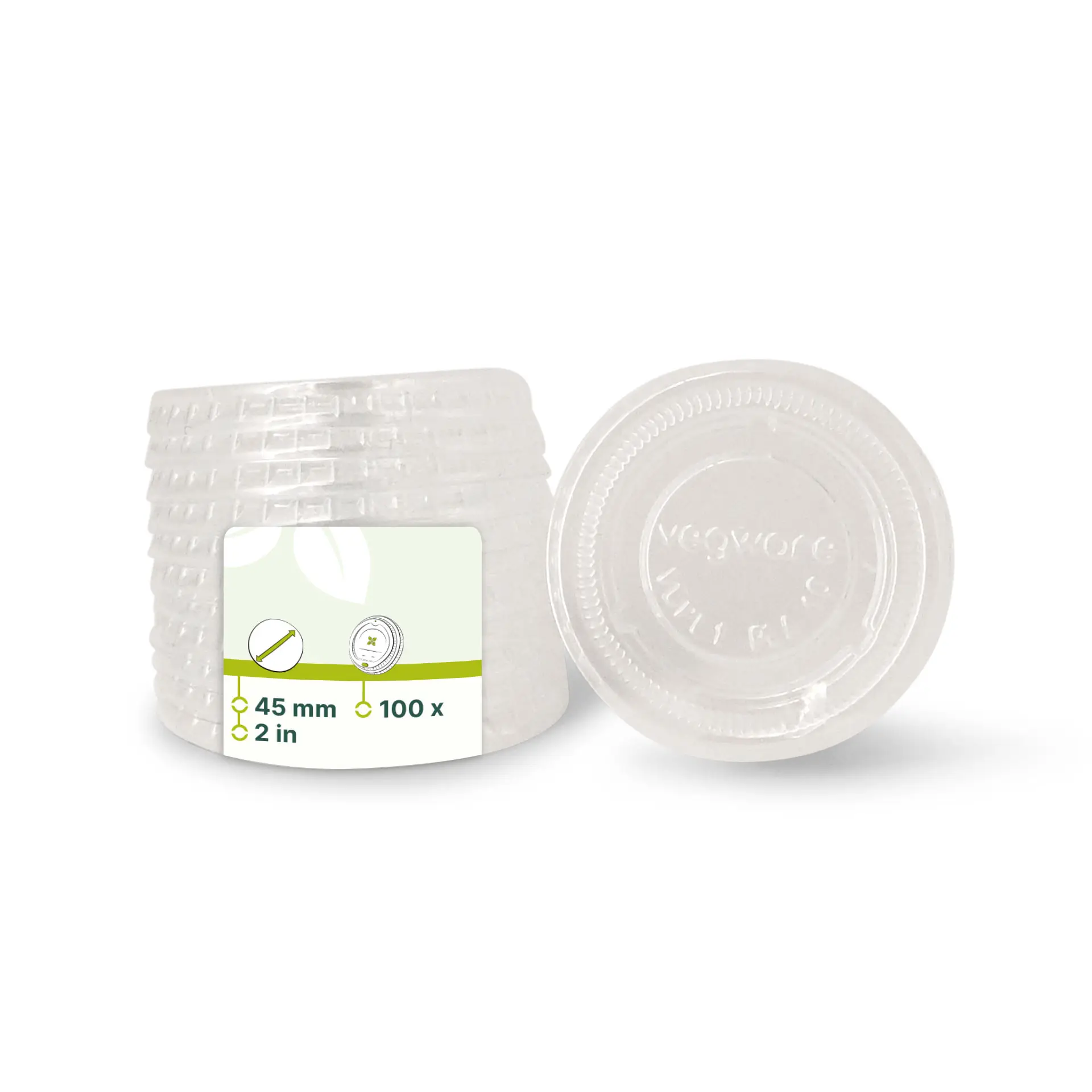 Przezroczysta pokrywka PLA o okrągłym kształcie, zaprojektowana do bio mini kubków, pokazana z dodatkowymi pokrywkami z tyłu.