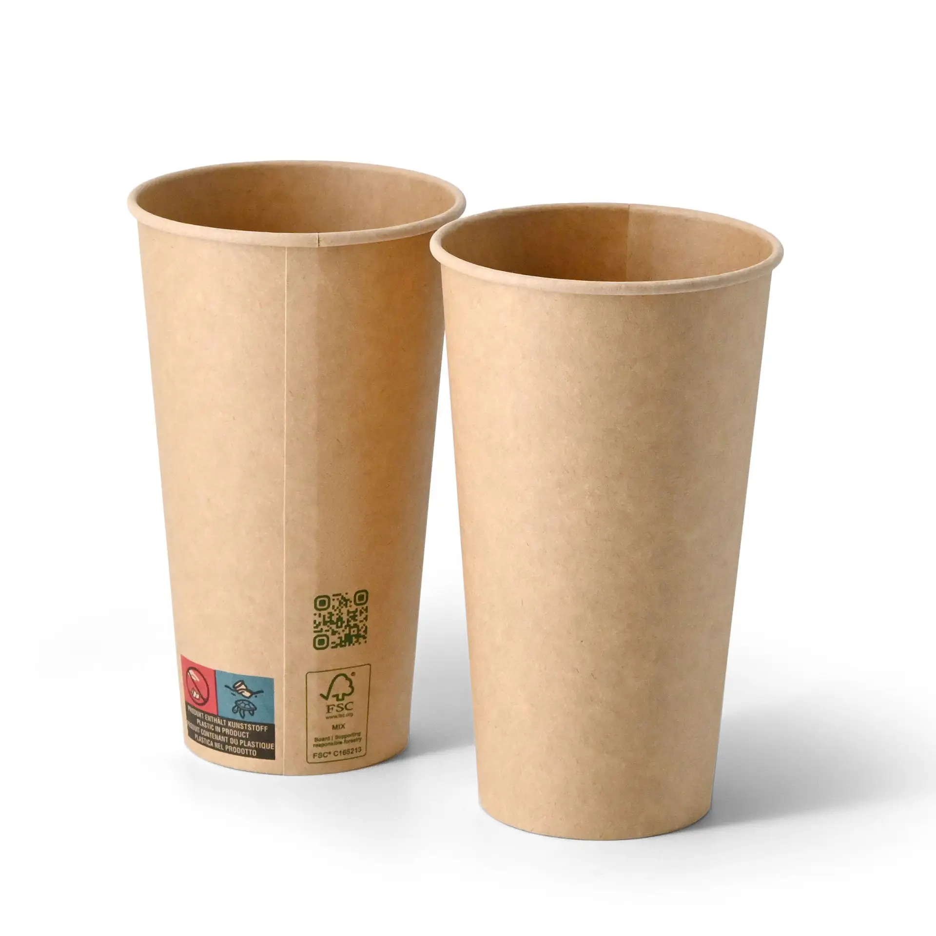 Brązowe papierowe kubki z pojedynczą ścianką, pojemność 500 ml i średnica 90 mm, pokazane z boku.