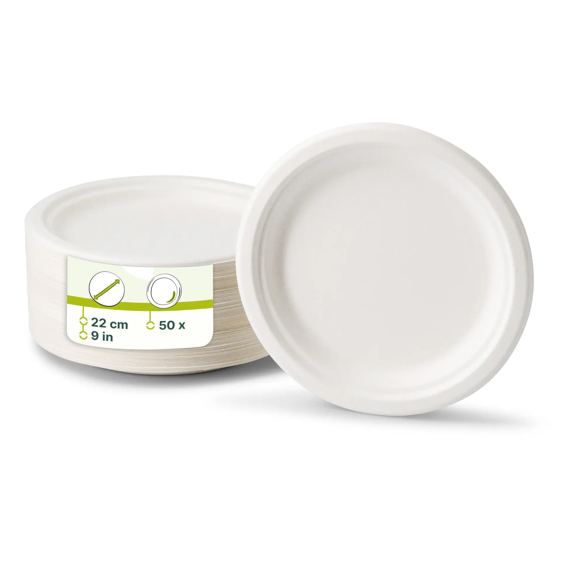 Jedna okrągła, biała talerz z trzciny cukrowej o średnicy 22 cm; dodatkowe podobne talerze widoczne w tle.