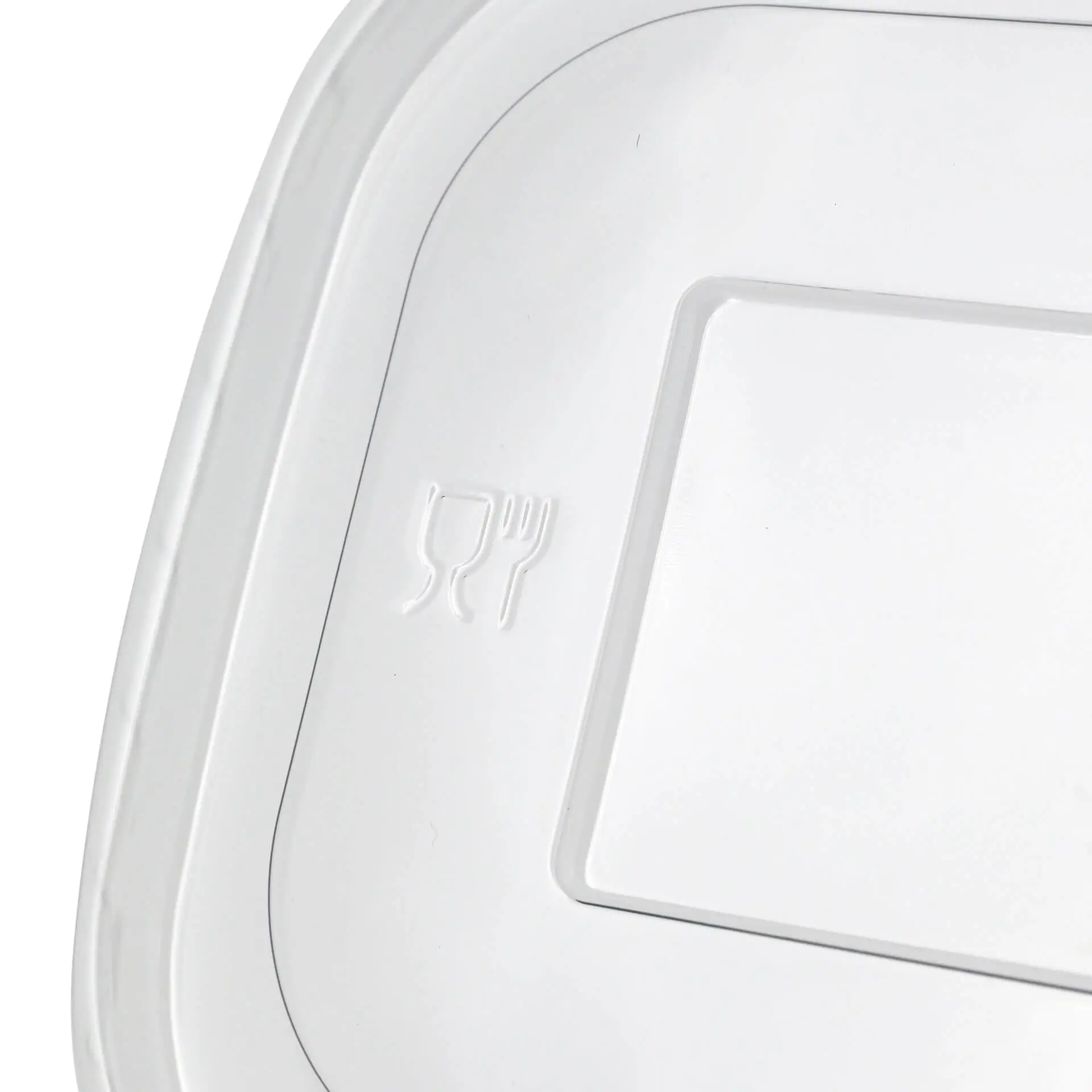 Przezroczysta prostokątna pokrywka z recyklingowego rPET do pojemników na żywność; z oznaczeniami dla kubka i widelca.