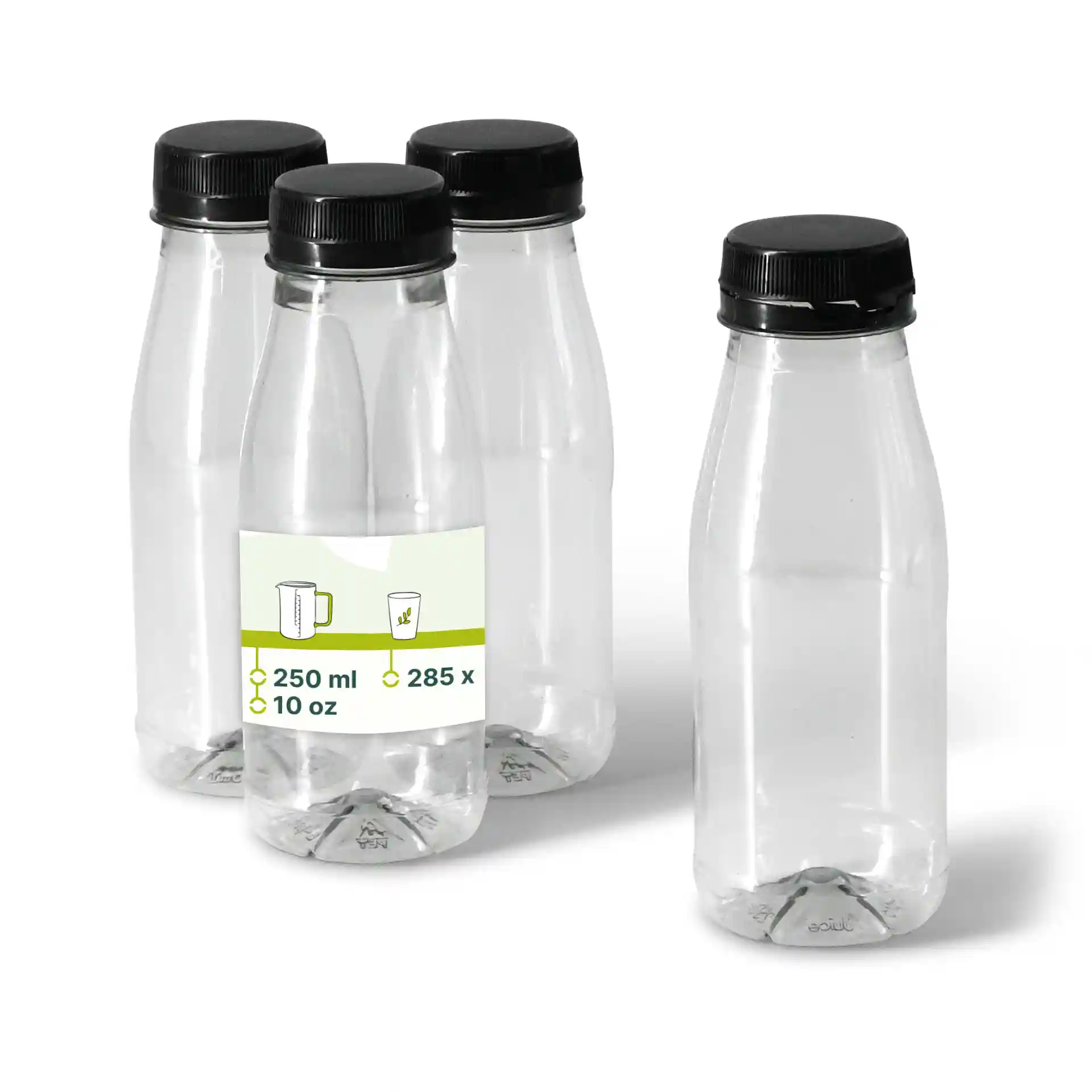 Przezroczyste butelki rPET z czarnymi zakrętkami, pojemność 250 ml, pokazane cztery butelki, jedna z etykietą.