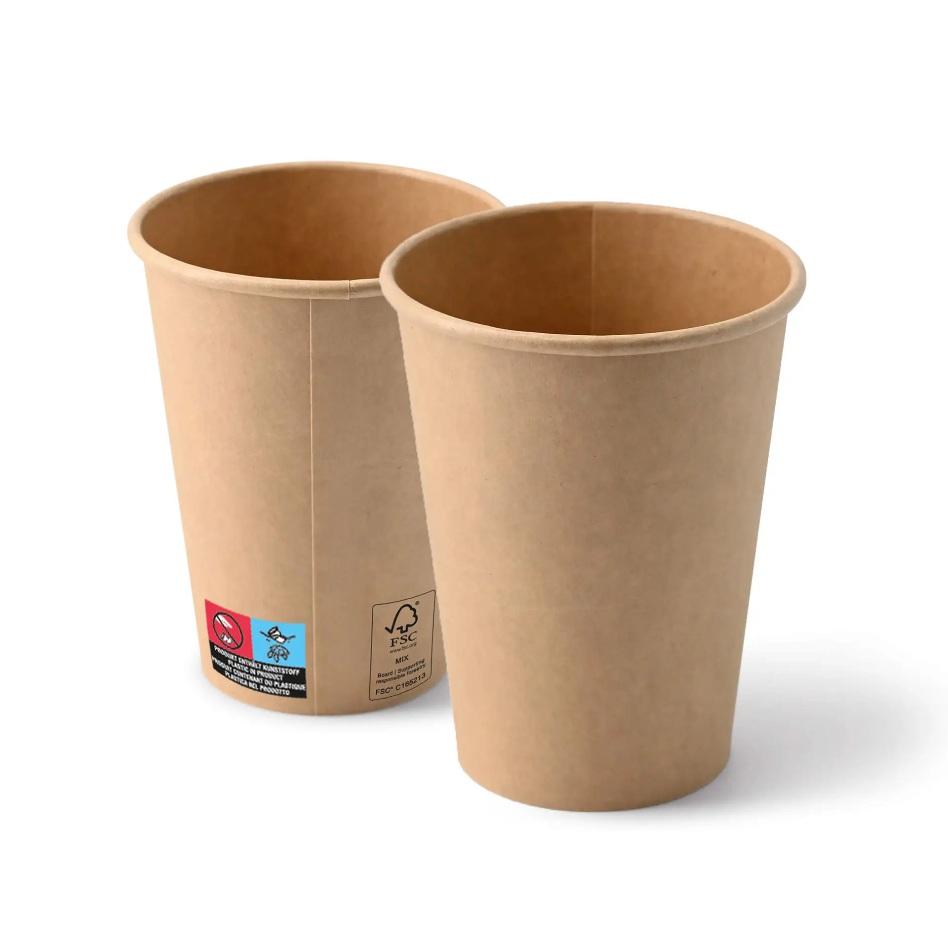 Brązowe papierowe kubki 12 oz o okrągłym kształcie, pokazujące dwa kubki i widoczne etykiety na jednym kubku.