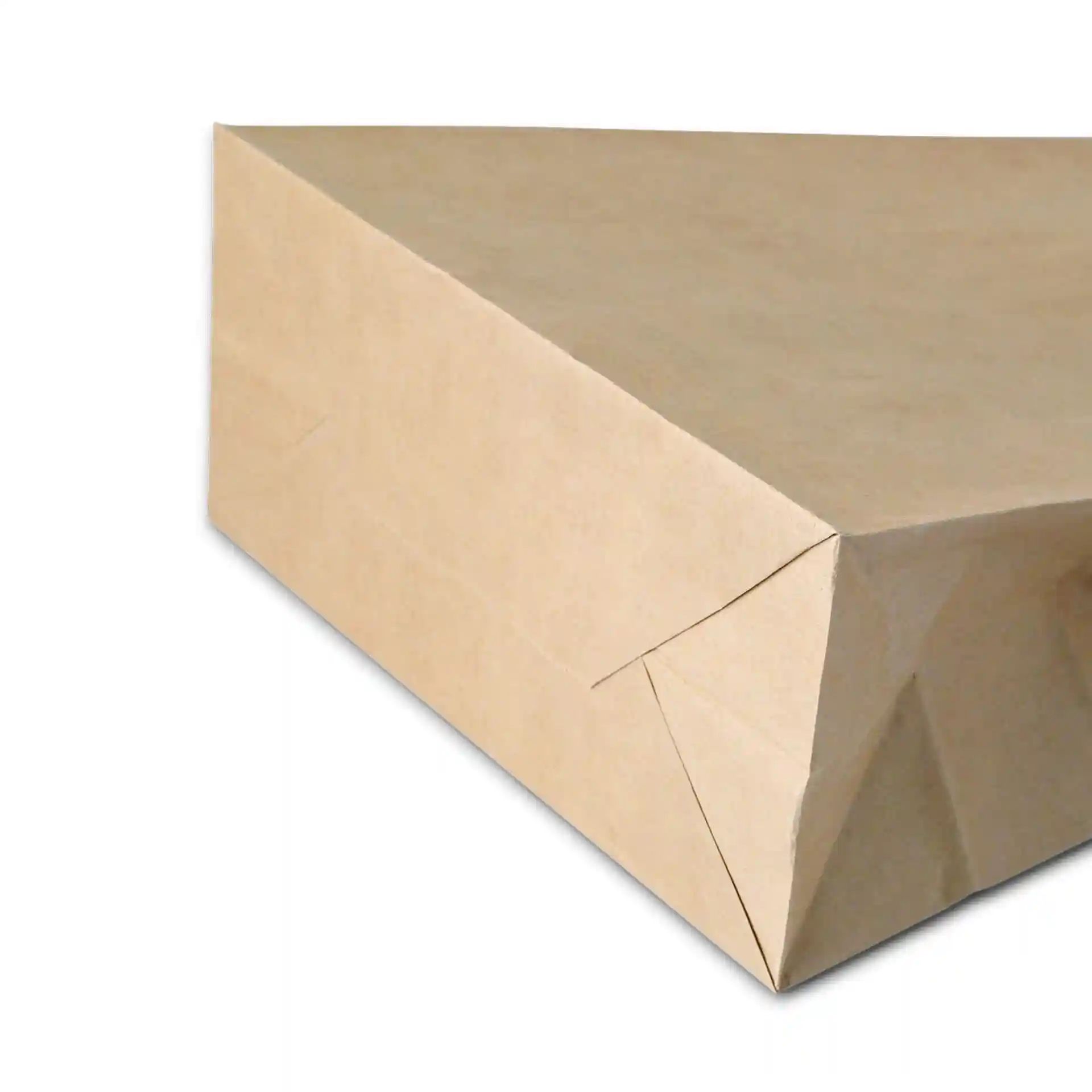 Brązowa torba papierowa kraft z trójkątnym dnem i złożonymi rogami, o wymiarach 26 x 12 x 35 cm.