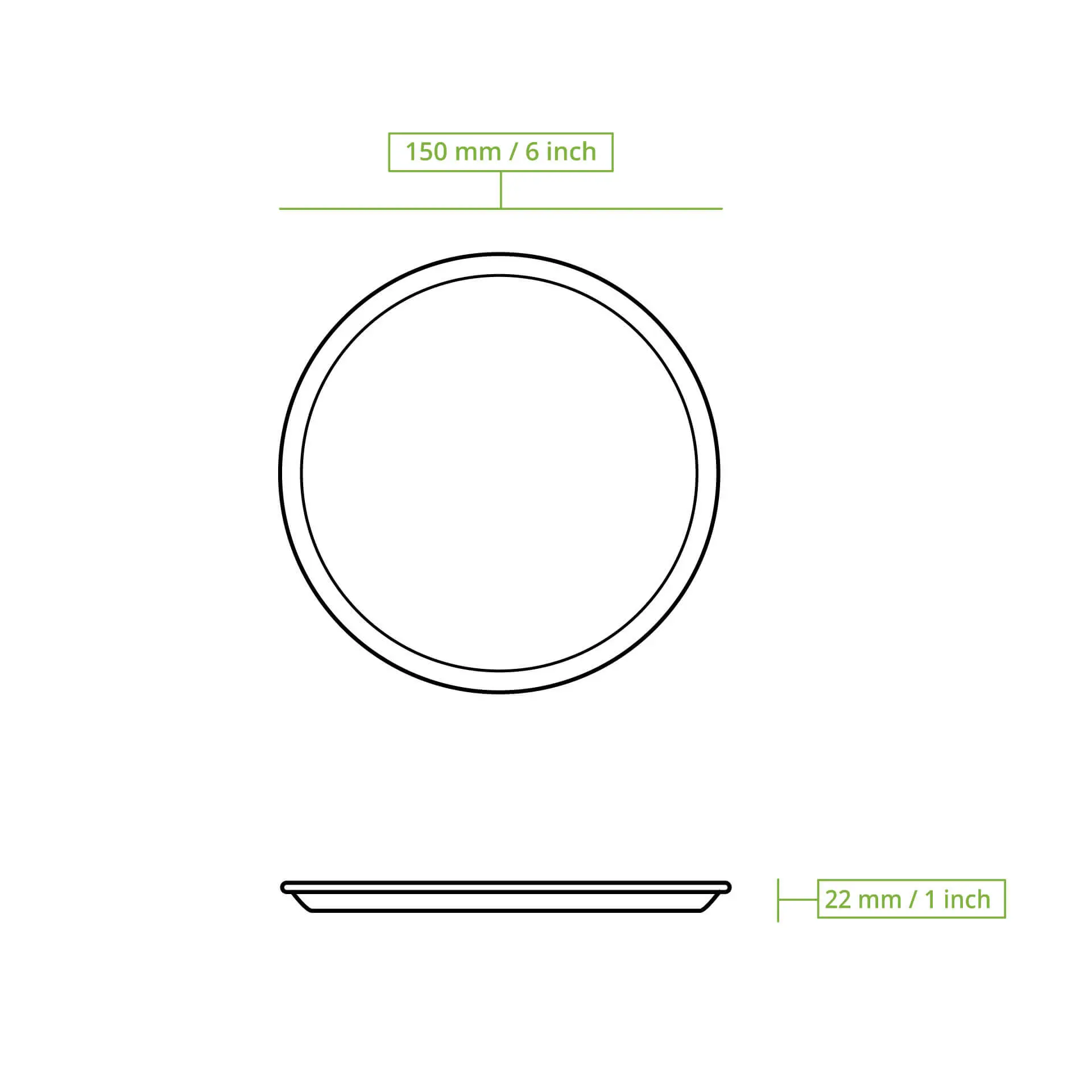 Jedna okrągła talerz z liści palmy, 15 cm średnicy, z wąskim brzegiem; pokazany z miernikami jako referencja rozmiaru.