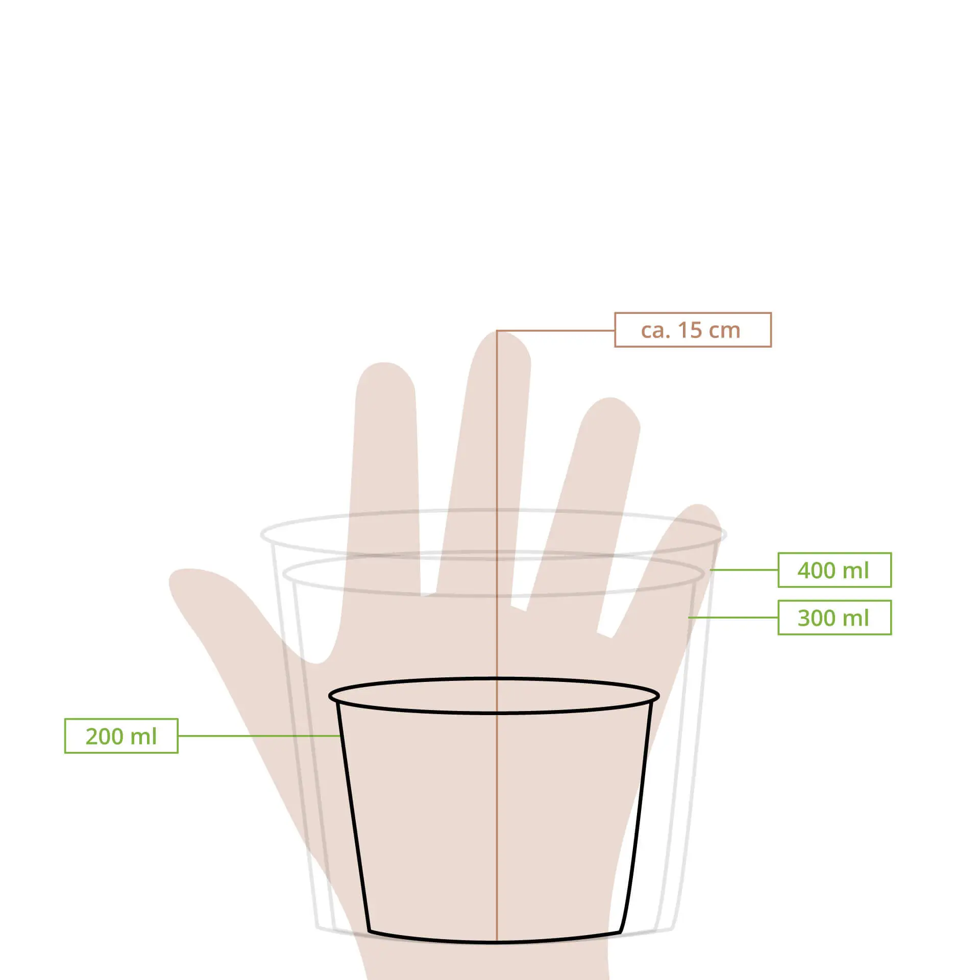 Zrównoważony brązowy kubek na zupę na wynos, 200 ml, z powłoką PLA; ręka dla odniesienia rozmiaru; pokazuje oznaczenia pojemności.