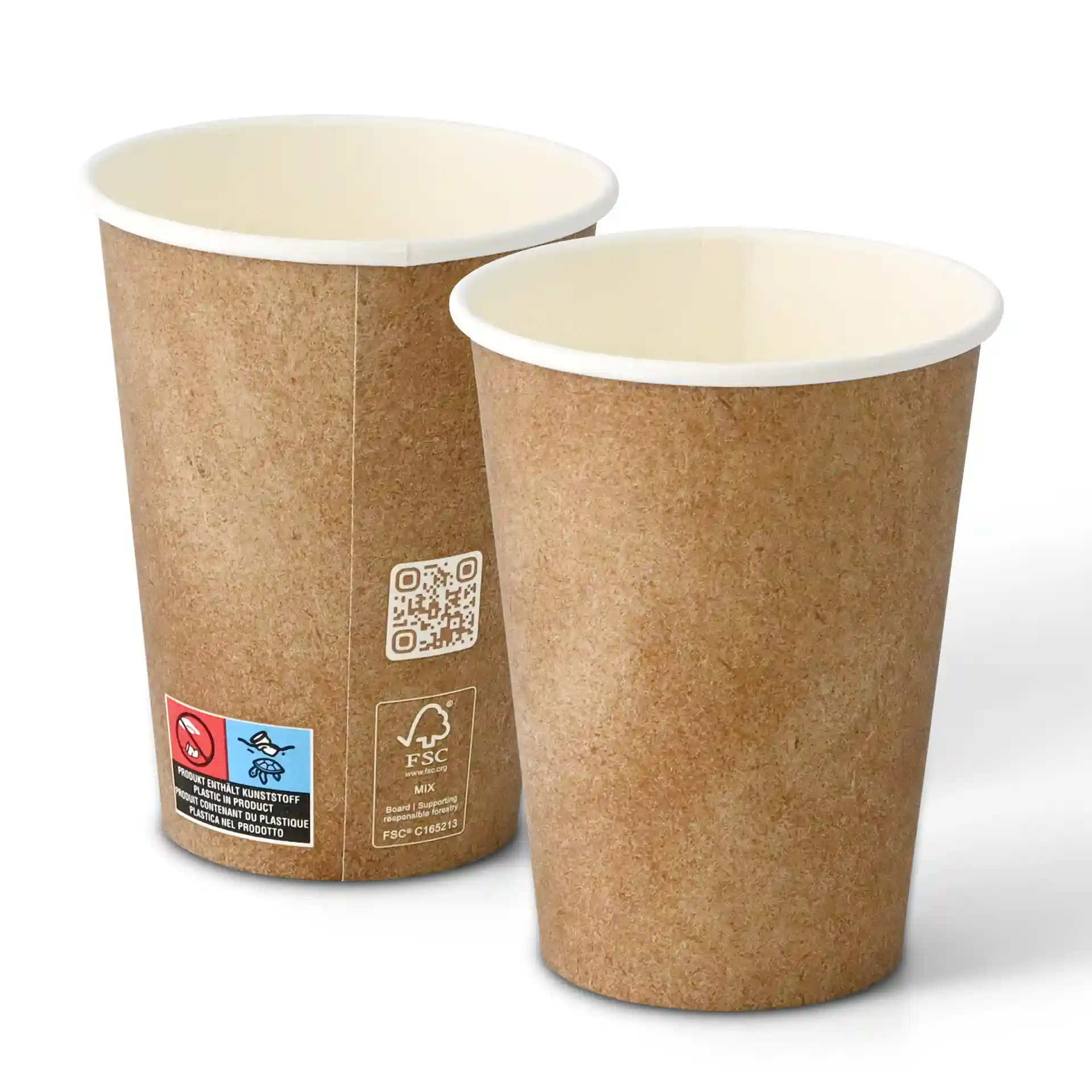 Brązowy kubek papierowy z białym wnętrzem, jednolita ścianka, pojemność 300 ml i średnica 90 mm.