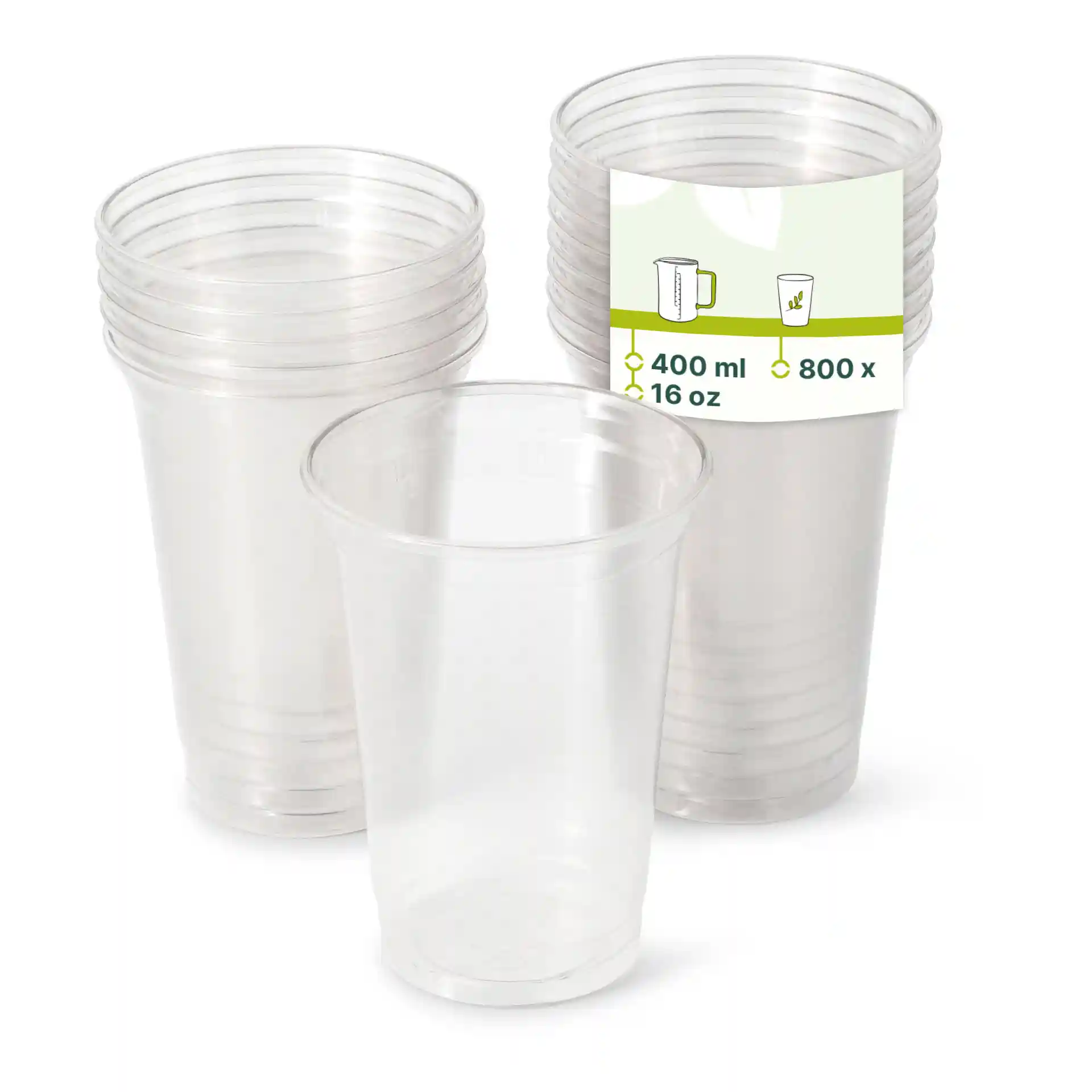 Przezroczyste kubki rPET 16 oz, ułożone razem z etykietą pokazującą pojemność i ilość.