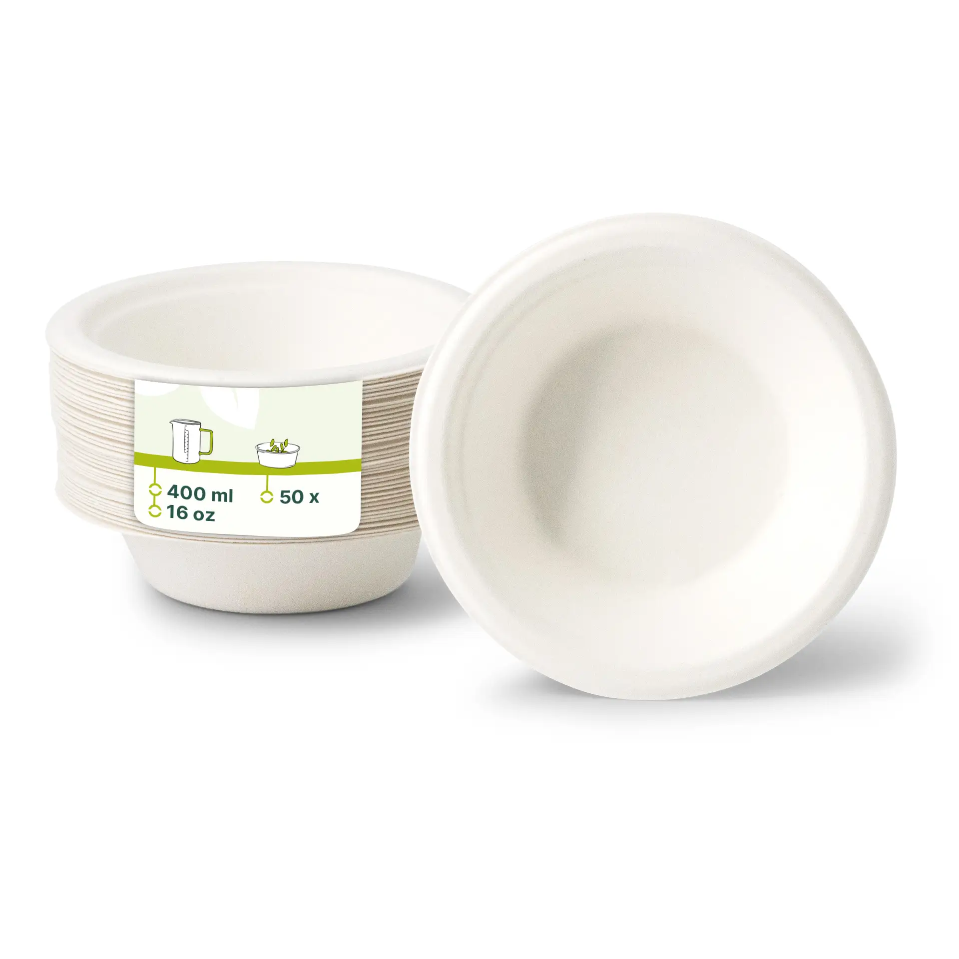 Okrągła, biała miska z trzciny cukrowej o pojemności 400 ml; kilka misek ułożonych w stos z etykietą pokazującą zawartość i ilość.