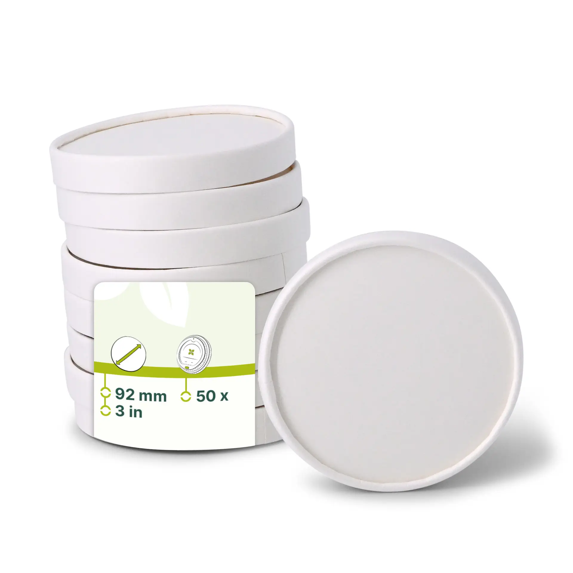 Białe pokrywki tekturowe; zaprojektowane do kubków lodowych o średnicy 92 mm; pokazane w stosie z jednym pokrywką z przodu.