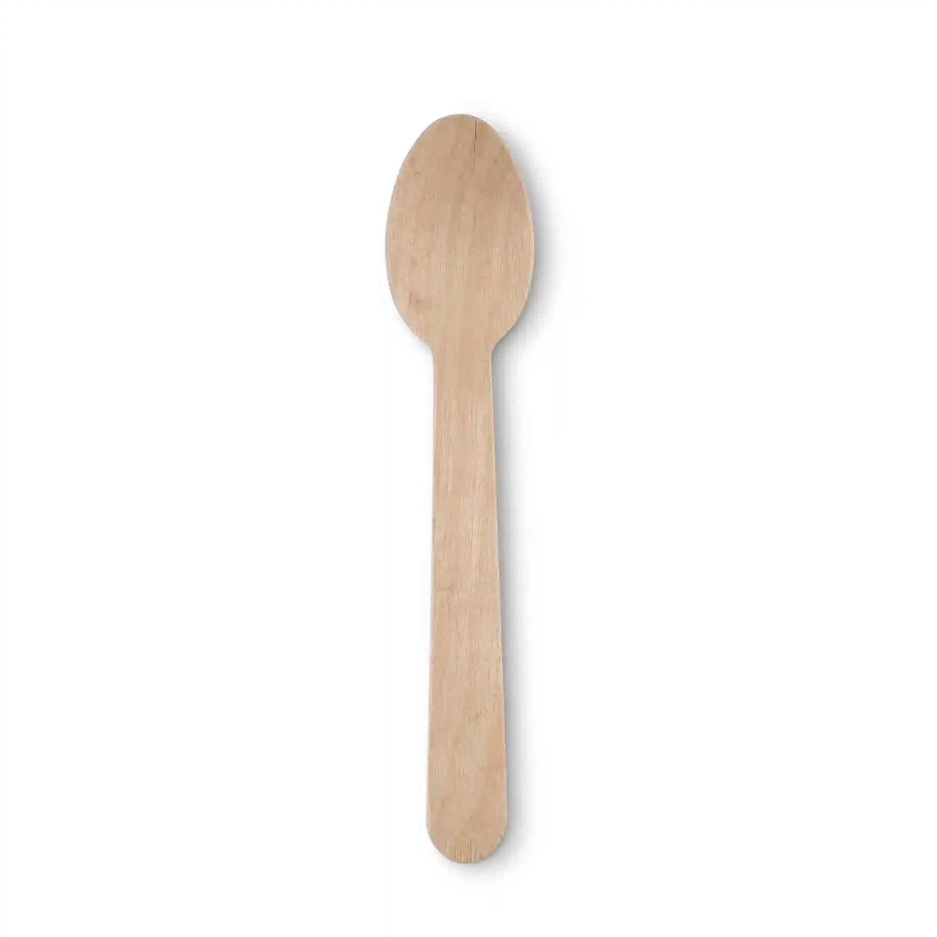 Drewniana łyżka o długości 14 cm, w kolorze brązowym, wykonana z drewna, wyeksponowana na białym tle.