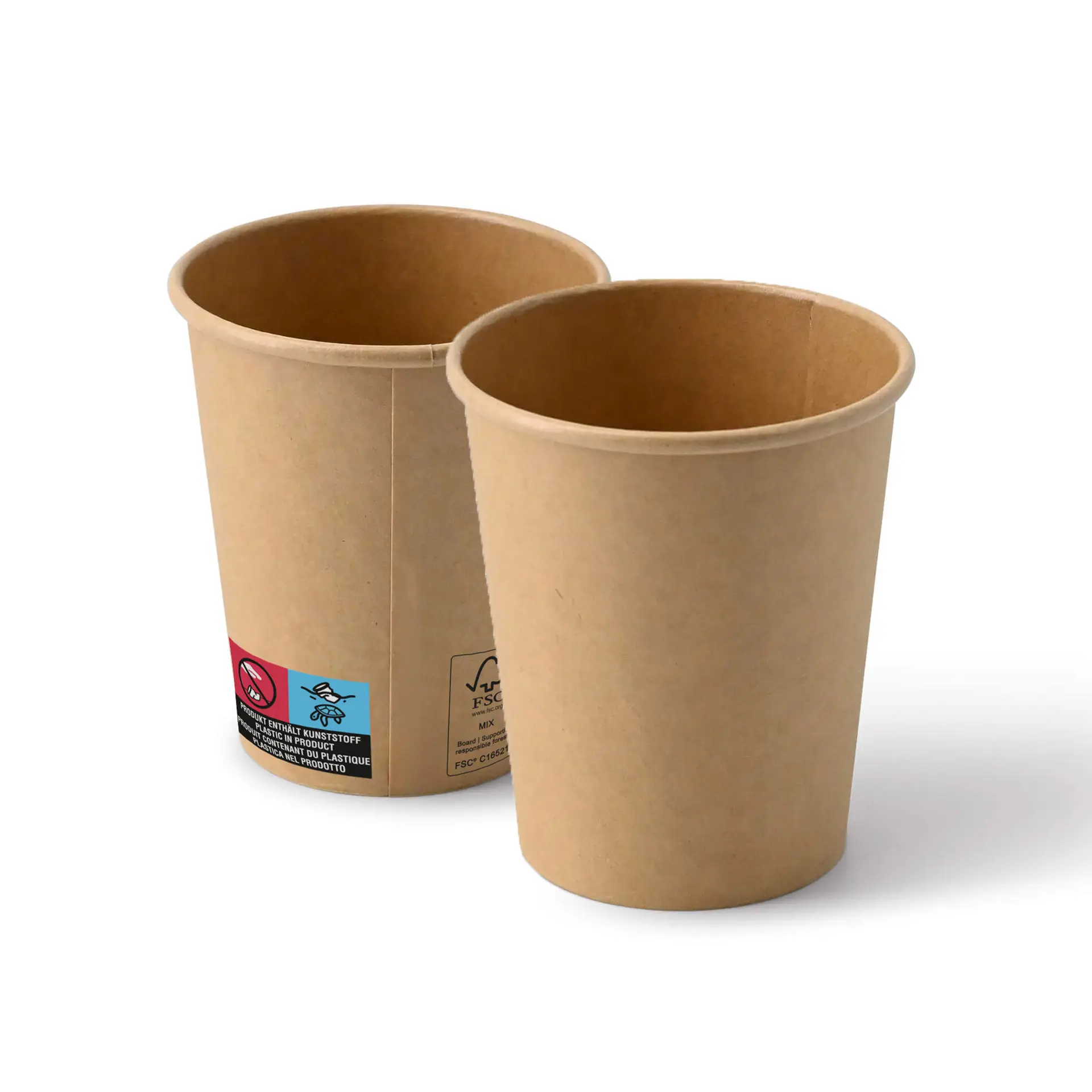 Brązowe kubki papierowe, 8 oz, z powłoką PE; wyeksponowane dwa kubki, jeden lekko za drugim z etykietą.