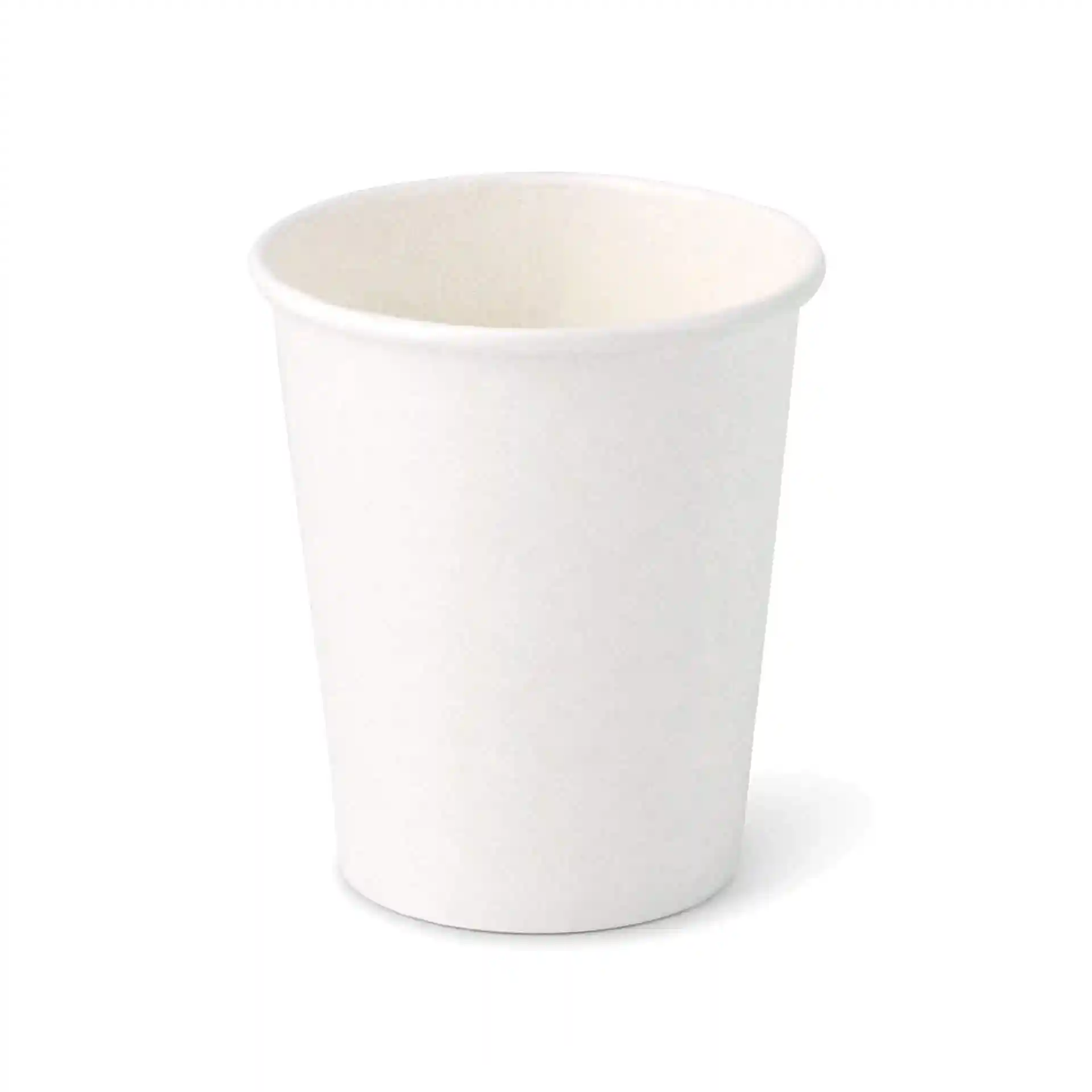 Biały papierowy kubek 8 oz o okrągłym kształcie, wysokość 92 mm, średnica 80 mm na górze.
