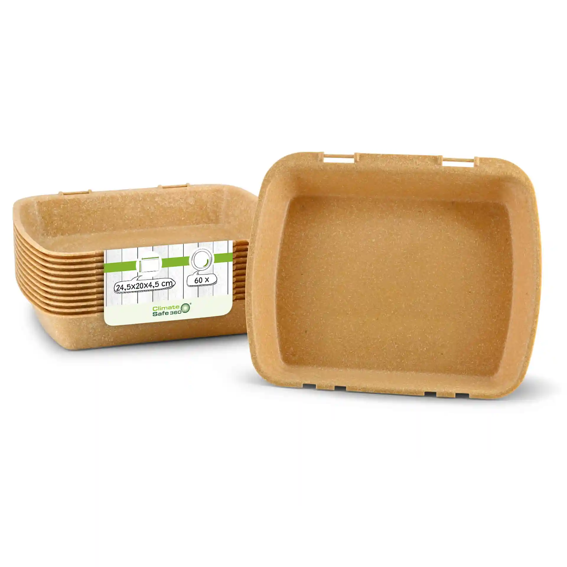 Prostokątne brązowe wielokrotnego użytku pojemniki na menu ułożone w stos, jeden pojemnik pokazuje etykietę i wymiary 24,5 x 20 x 4,5 cm.