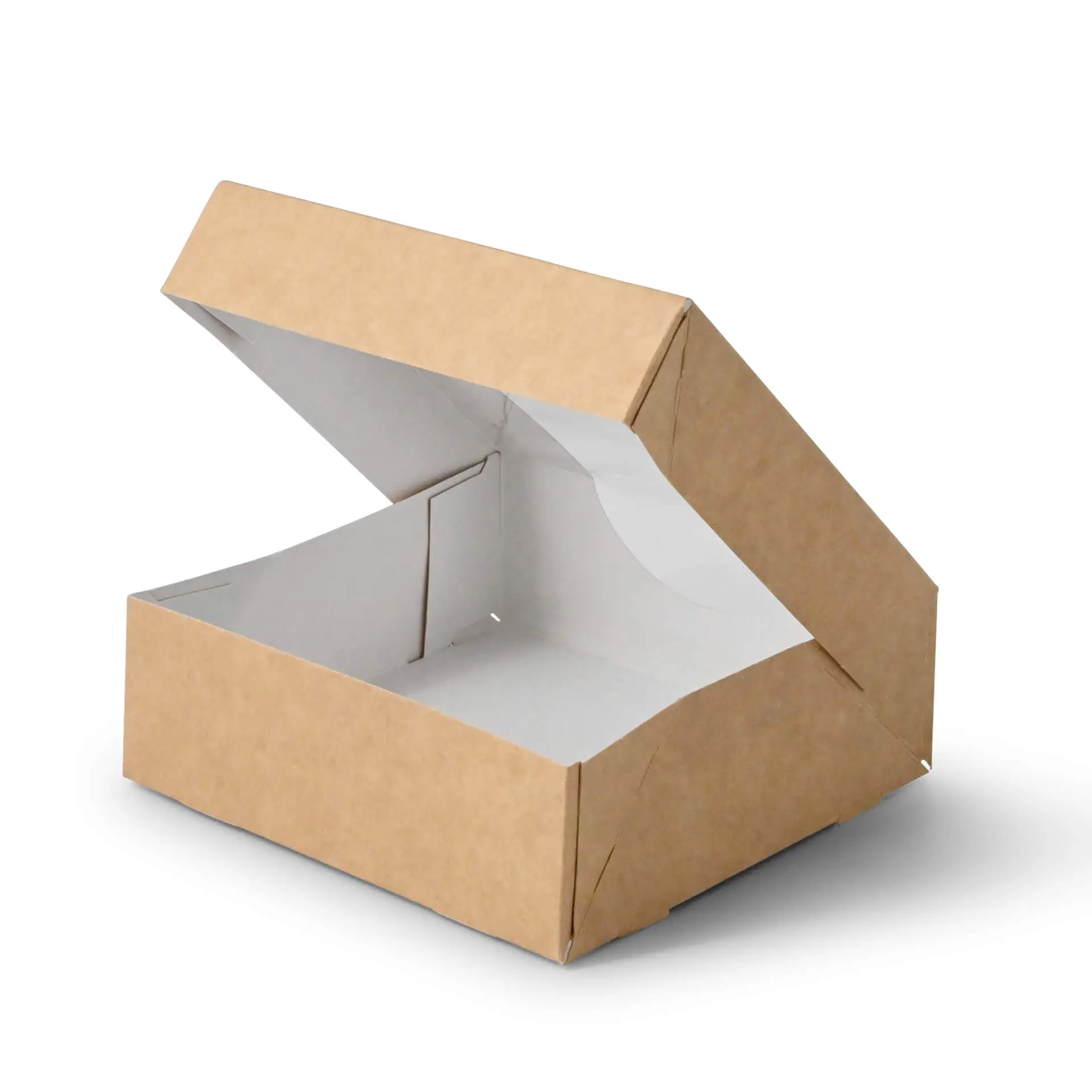Brązowy kartonowy pudełko z białym wnętrzem, otwarte pod kątem, wymiary 12 x 12 x 4 cm.