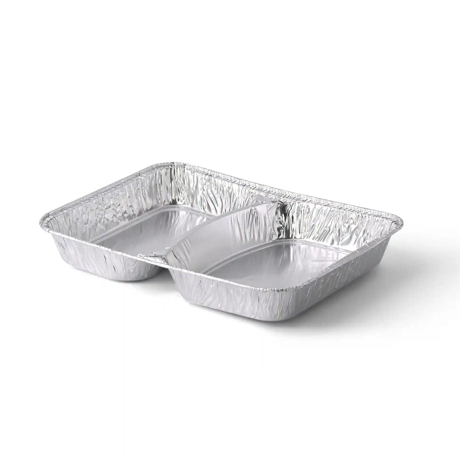 Aluminiowa taca na posiłki z dwoma przegródkami, prostokątna, wymiary 22,7 x 17,7 x 3 cm.