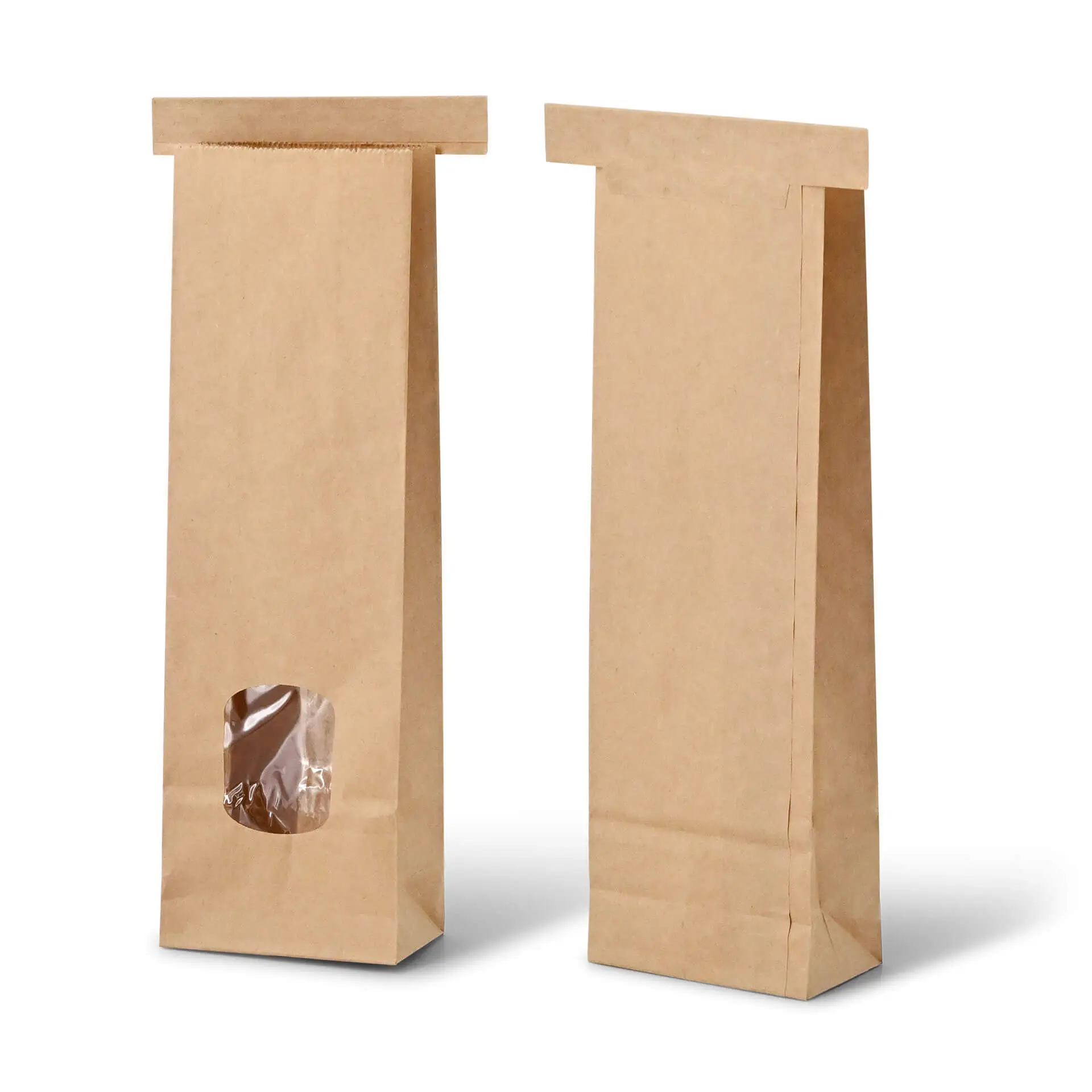 Brązowe papierowe torby z oknem i blokowym dnem, idealne do aromatycznych produktów, z zamknięciem na drucik i powłoką PP.