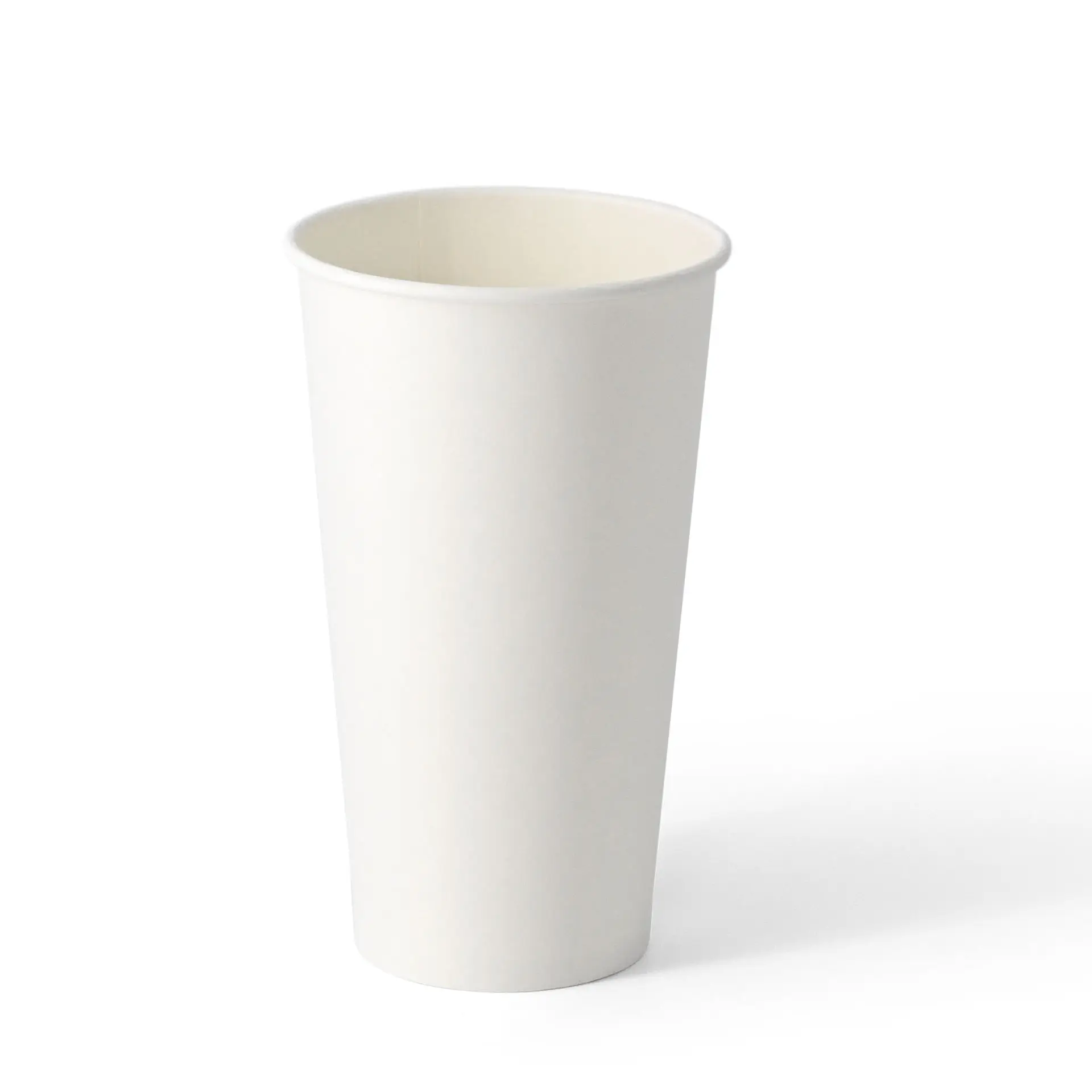 Biały papierowy kubek jednowarstwowy, pojemność 500 ml, pokryty PLA, odpowiedni do napojów gorących i zimnych.