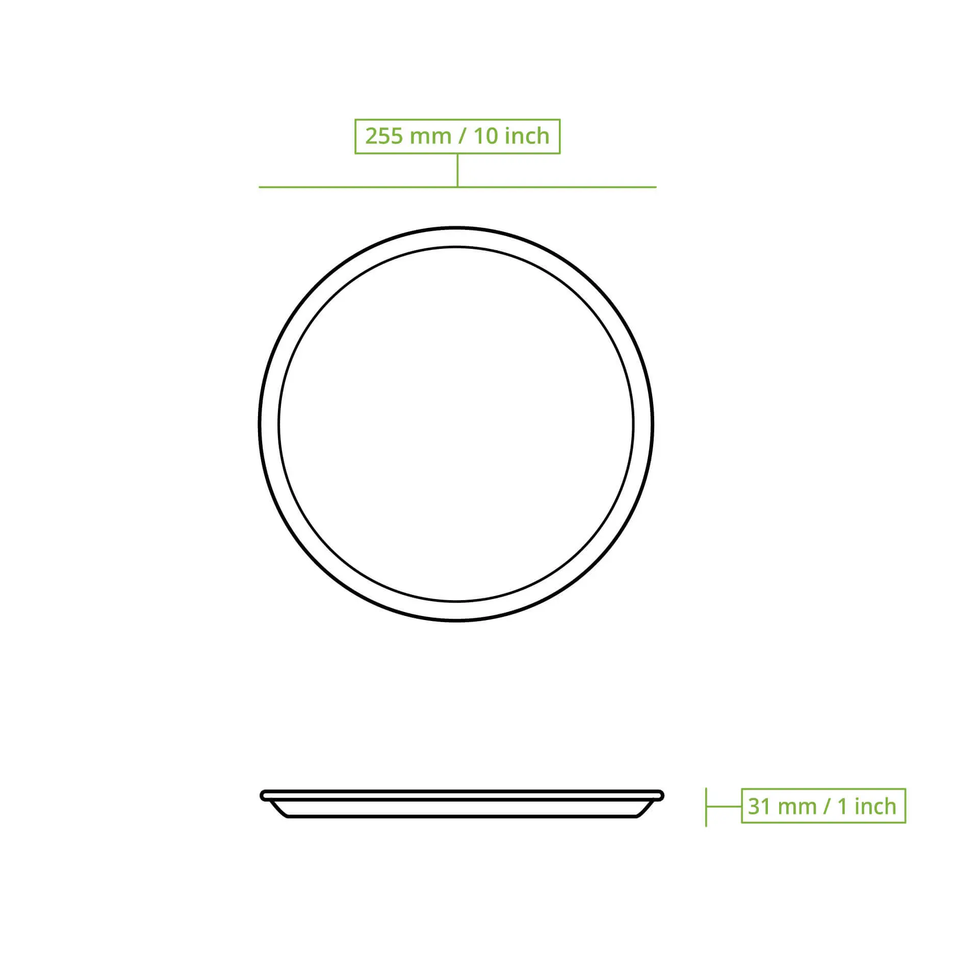 Okrągły talerz z liści palmy, średnica 25 cm i wysokość 3,1 cm; biodegradowalny i odpowiedni do gorących i tłustych potraw.