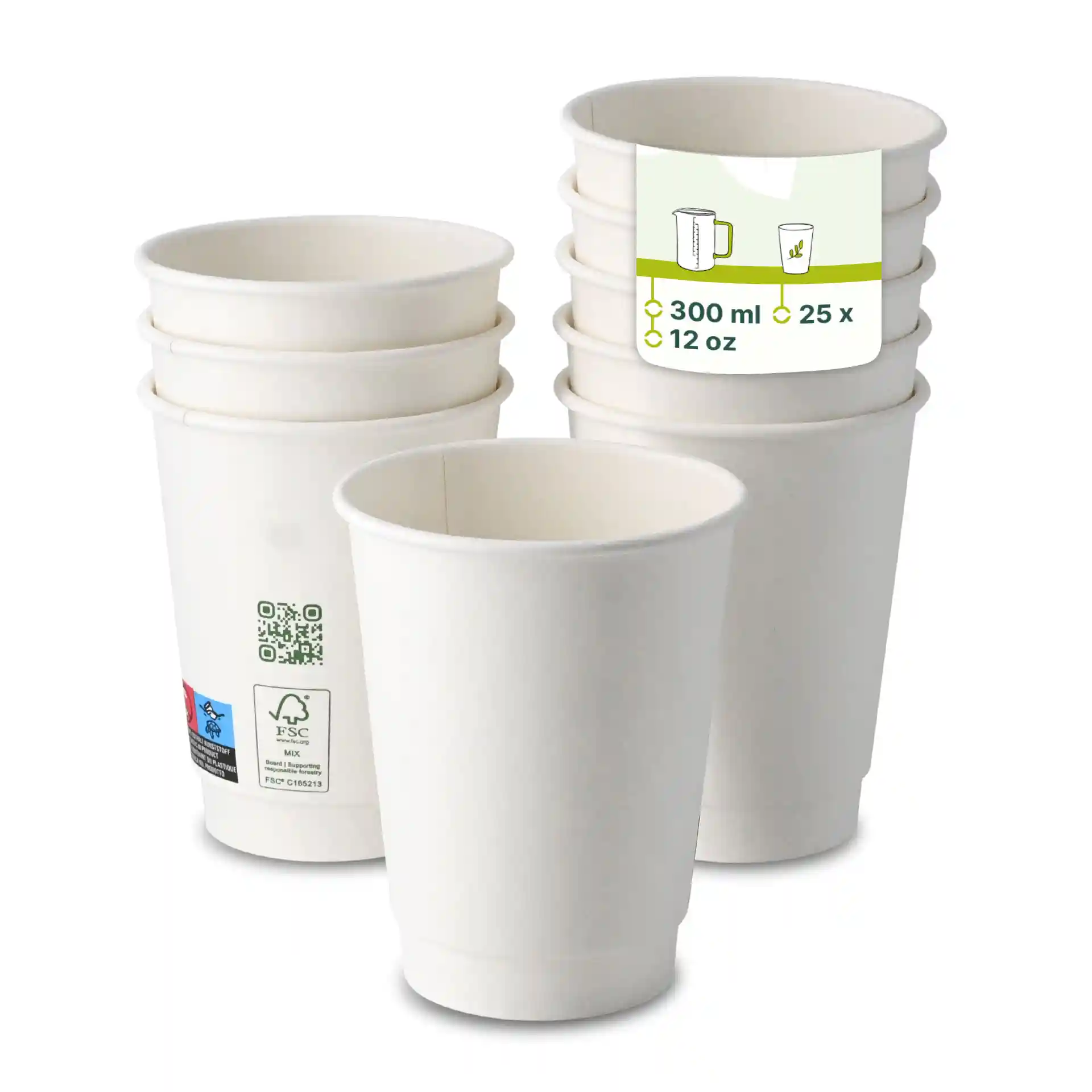 Biały kubek do kawy z podwójną ścianką, 300 ml, 12 oz, z kilkoma ułożonymi kubkami i etykietą z wymiarami.