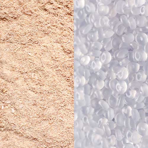 Obraz przedstawia teksturowany jasnobrązowy materiał po lewej stronie i małe przezroczyste granulki plastikowe po prawej stronie.