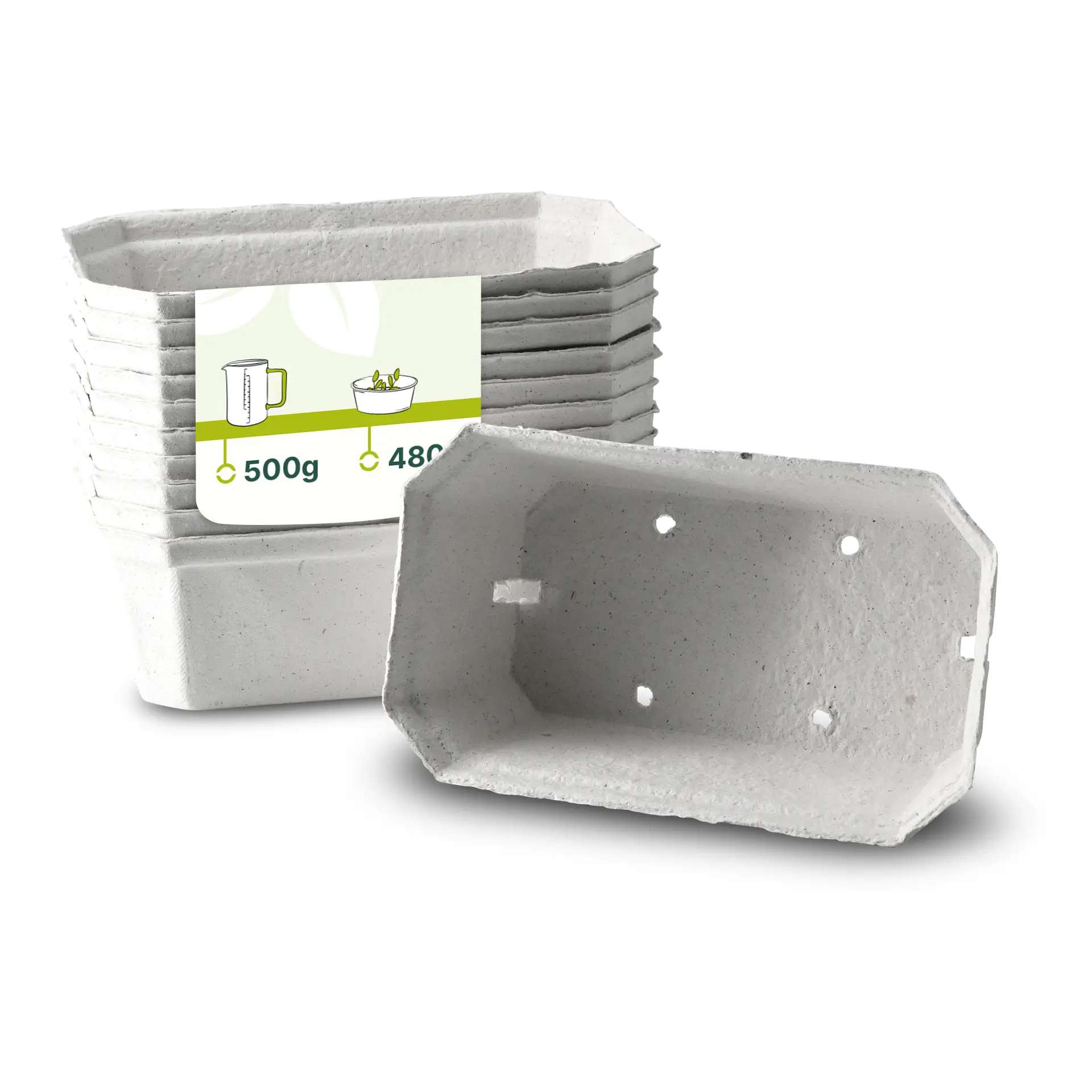 Jedna biała taca z pulpy drzewnej na pierwszym planie; kilka podobnych tacek ułożonych z tyłu. Zaprojektowana do transportu świeżych jagód.