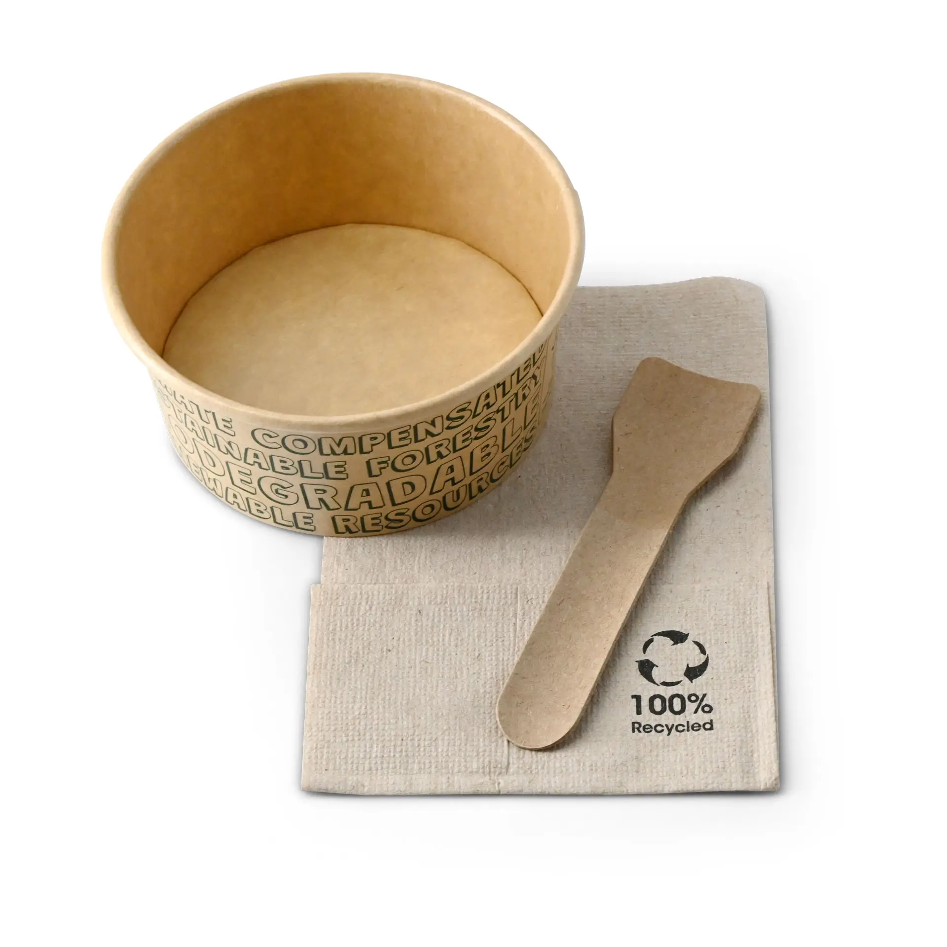 Brąkubowy papierowy kubek na lody (6 oz) z nadrukiem o zrównoważonym rozwoju; zawiera drewnianą łyżkę i serwetkę, oznaczony jako 100% z recyklingu.