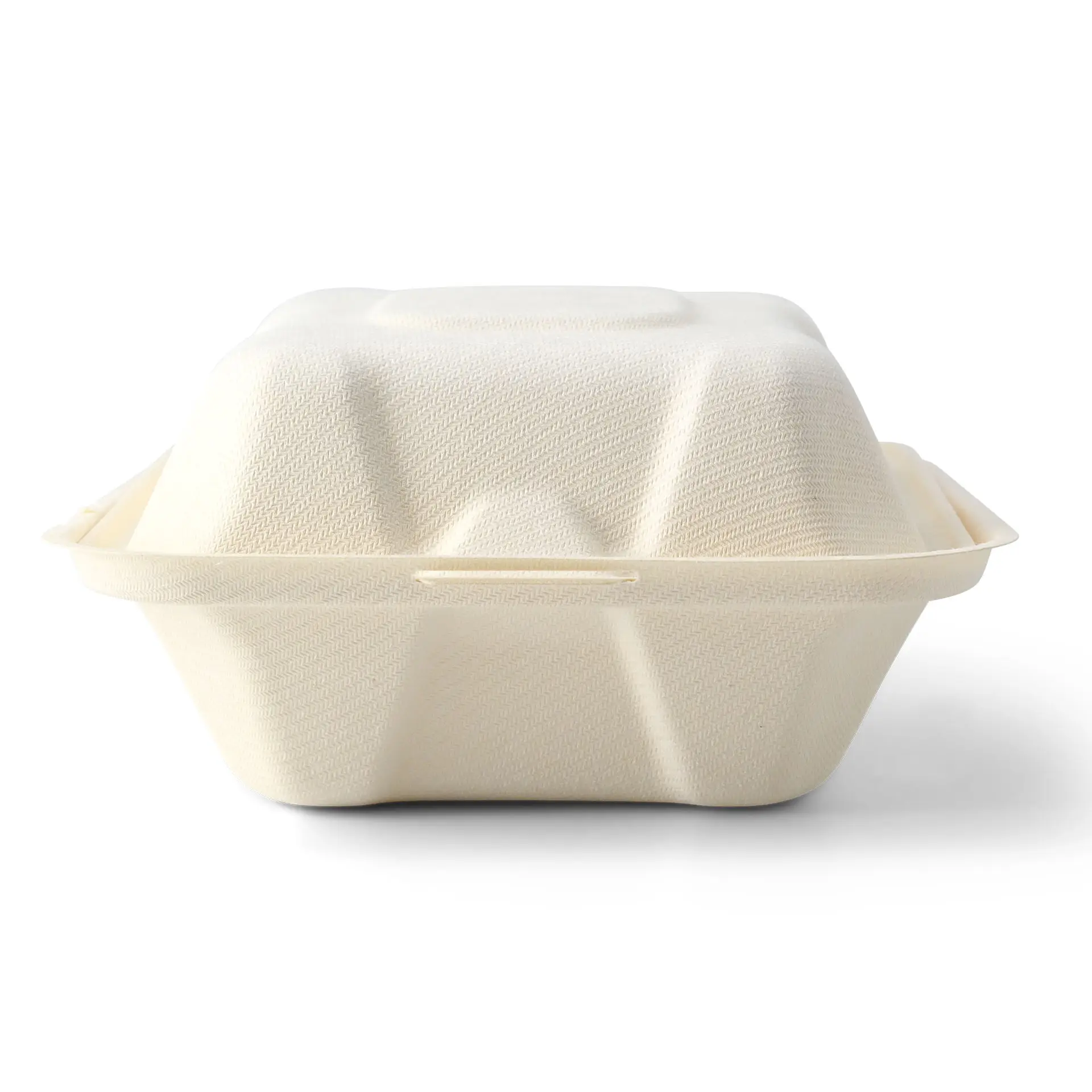 Kwadratowy pojemnik na burger z włókna drzewnego, certyfikowany przez FSC, biodegradowalny, odpowiedni do gorących i tłustych potraw. Wymiary: 14,5 x 14,5 x 7 cm.