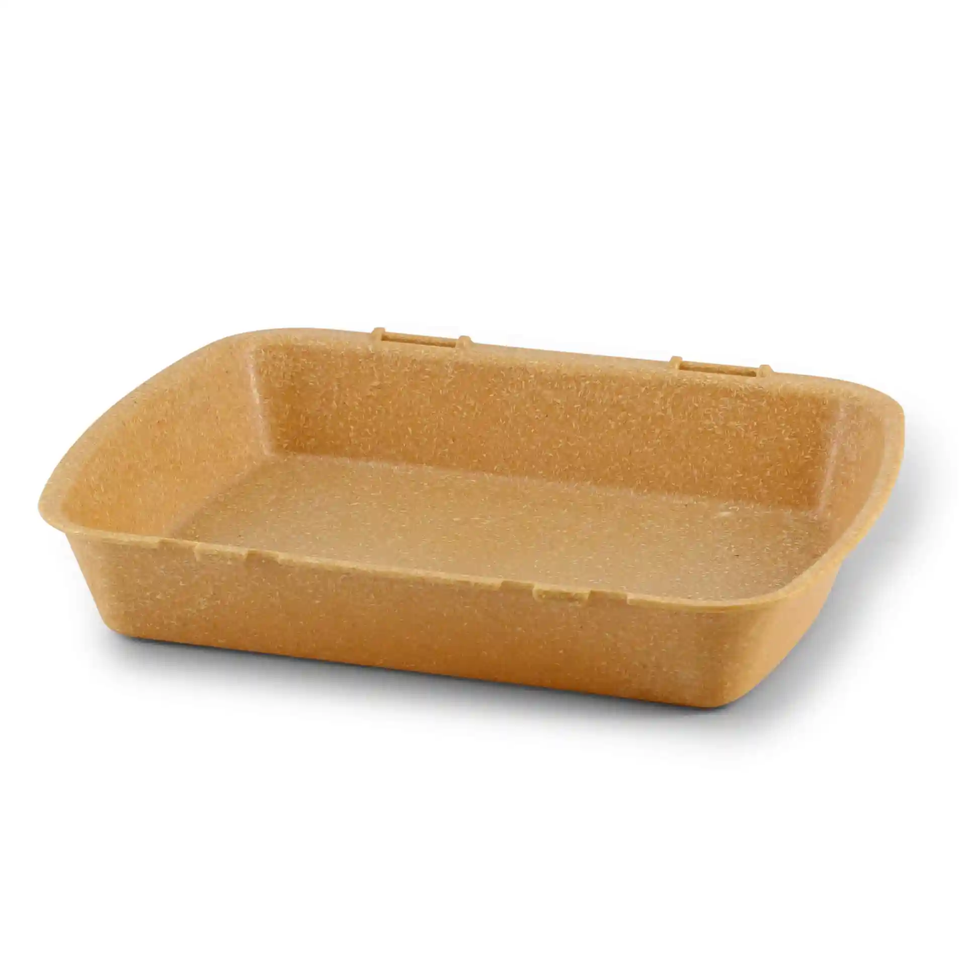 Prostokątny brązowy pojemnik na menu wielokrotnego użytku o wymiarach 24,5 x 20 x 4,5 cm wykonany z materiału bio-kompozytowego.