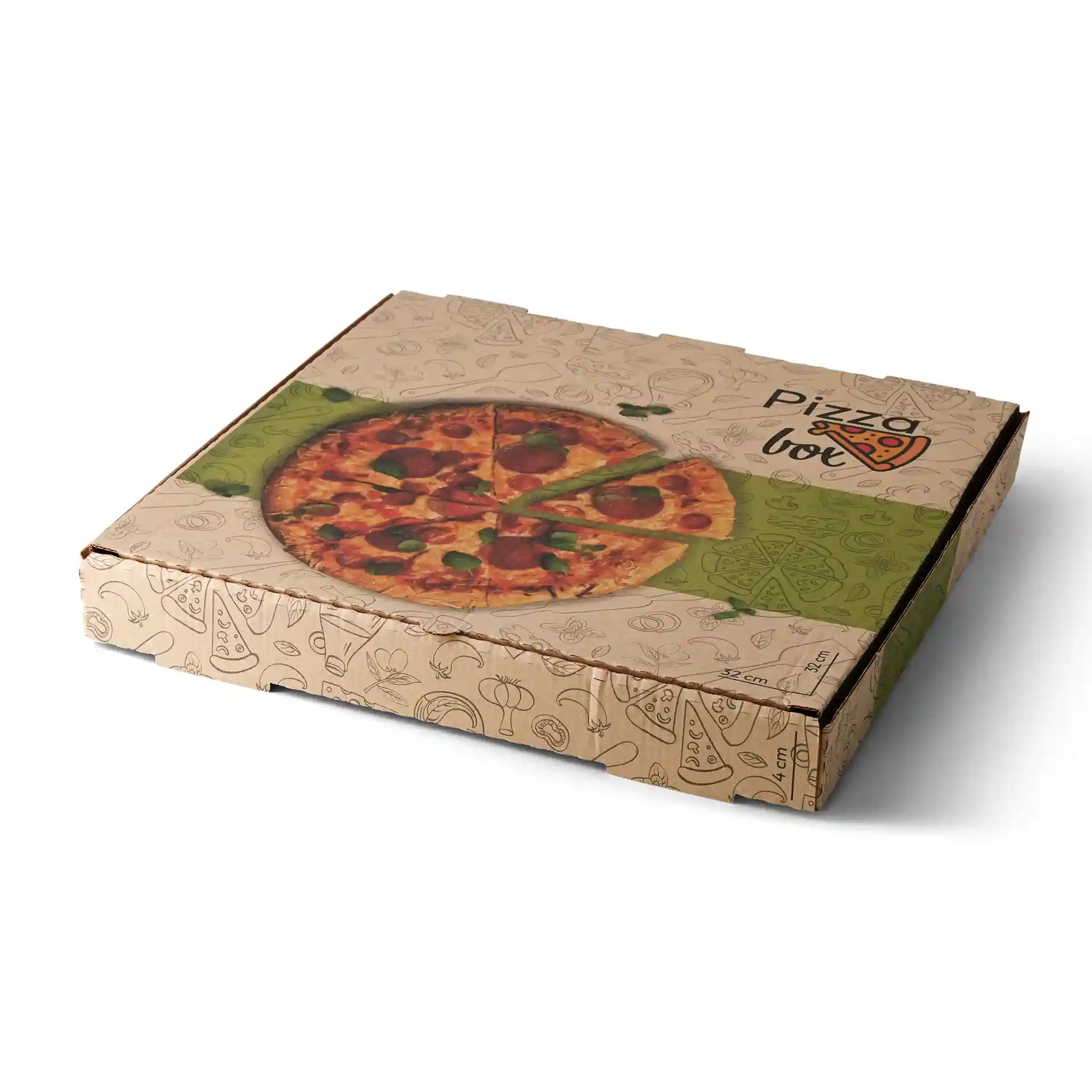 Brąskie pudełko na pizzę z grafiką pizzy na górze, 32 x 32 x 4 cm, z dekoracyjnymi ilustracjami jedzenia.