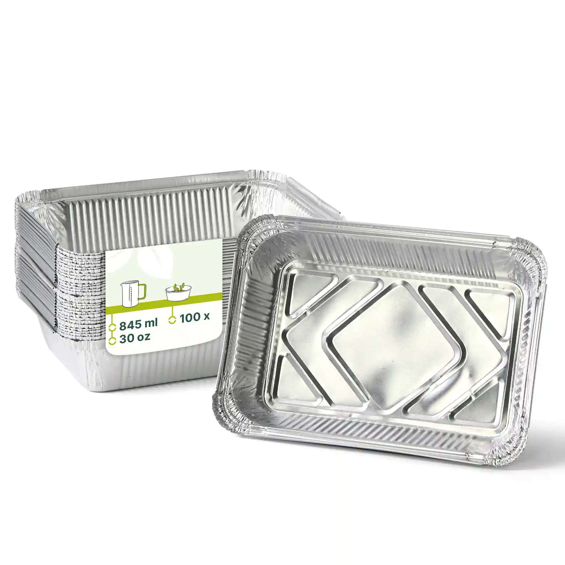 Prostokątne pojemniki aluminiowe o pojemności 845 ml, wymiary 21,4 x 14,9 x 4,3 cm, ułożone w stos z etykietą.