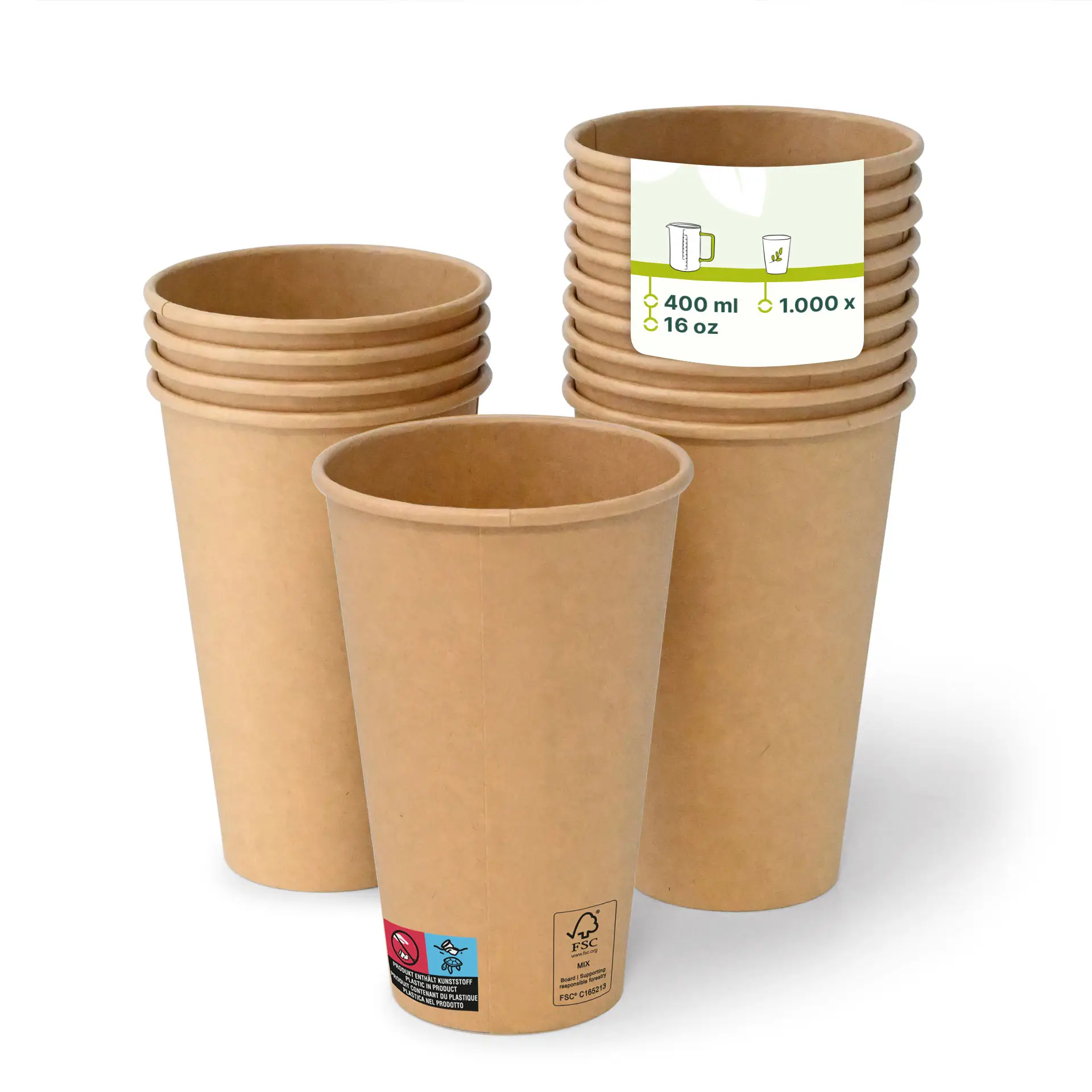 Brązowe kubki papierowe ułożone w stos, z jednym kubkiem z przodu z etykietą 400 ml i 16 oz.