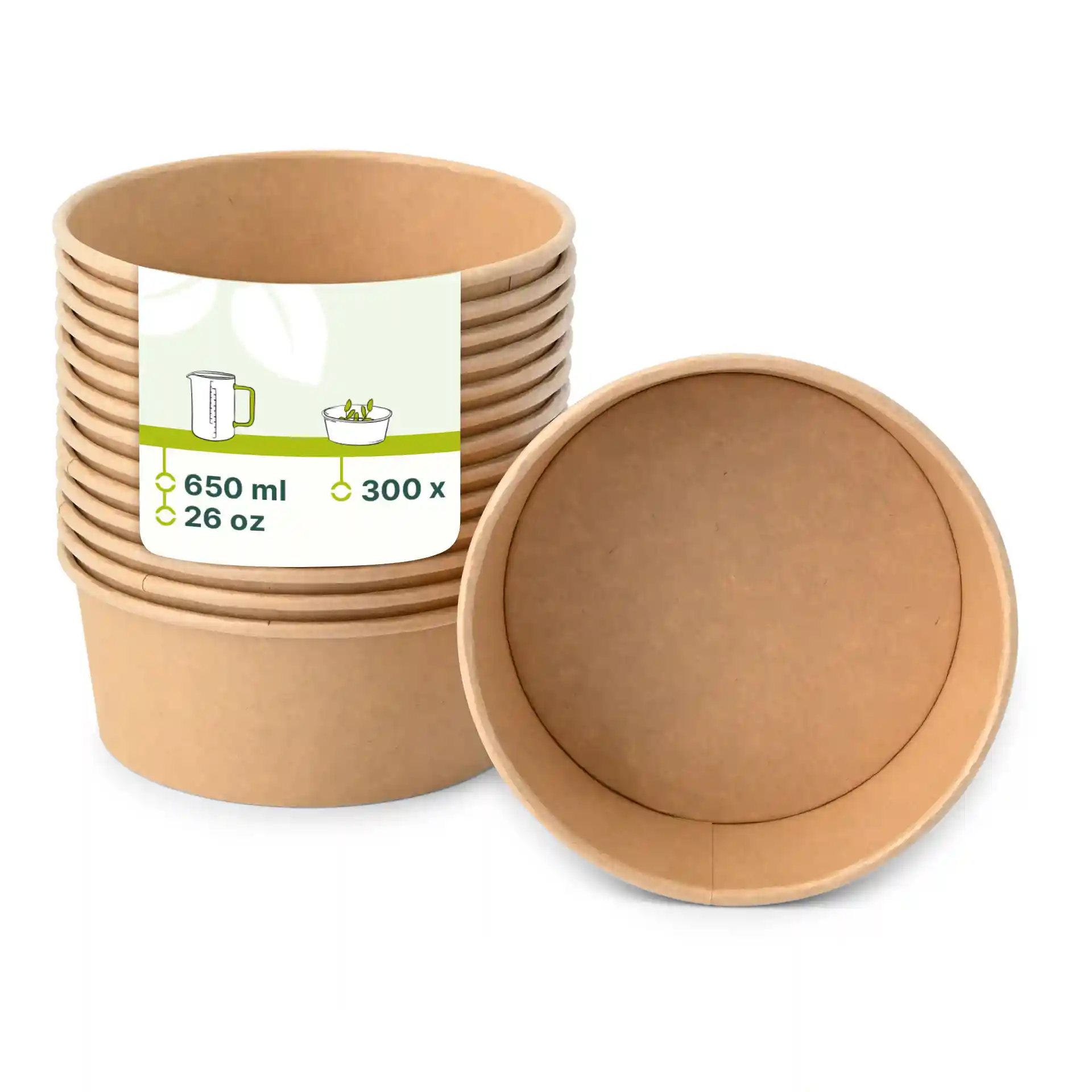 Stos brązowych papierowych misek z etykietą pokazującą pojemność 650 ml i wymiary, jedna miska leży na boku.